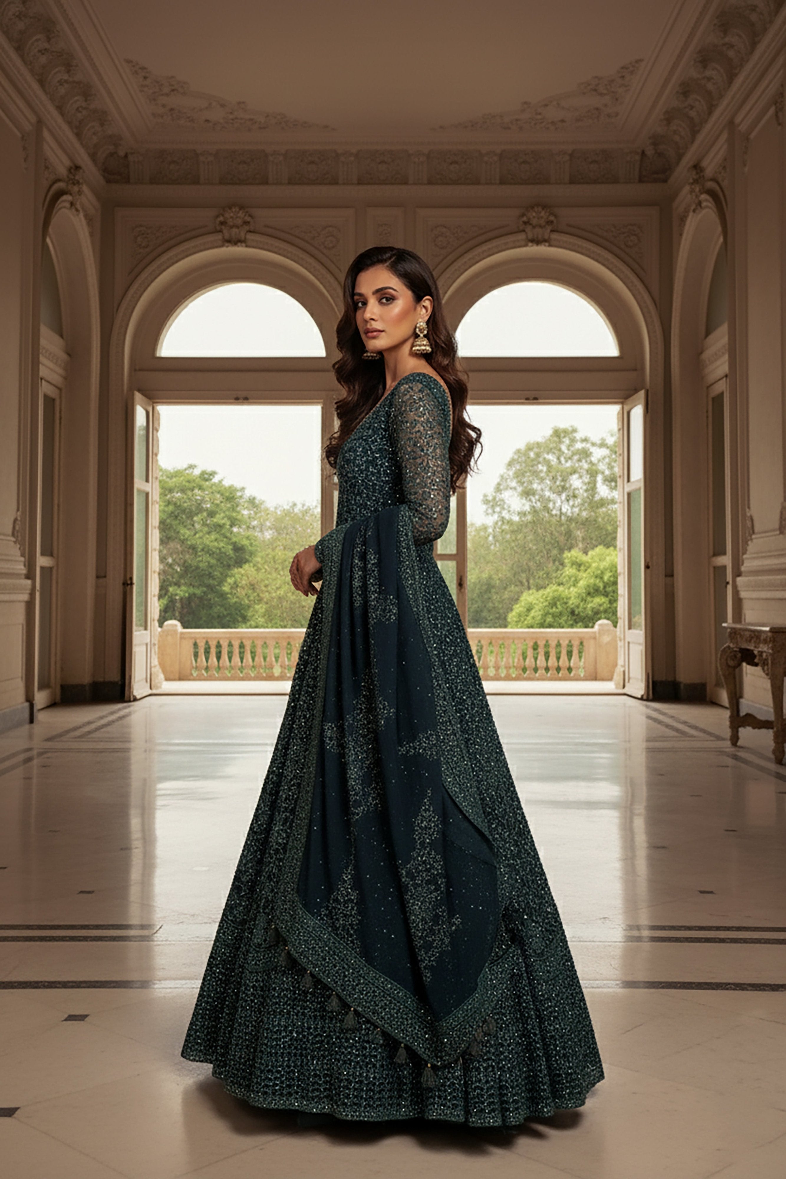 Midnight Majesty: Teal Blue Elegant Embroidered Anarkali Suit – Palkhi Fashion