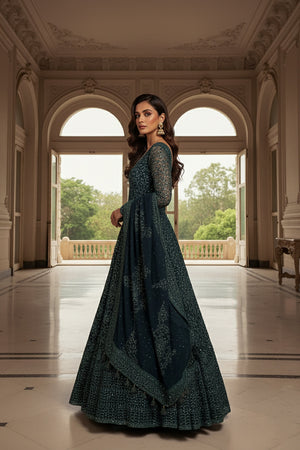 Midnight Majesty: Teal Blue Elegant Embroidered Anarkali Suit – Palkhi Fashion