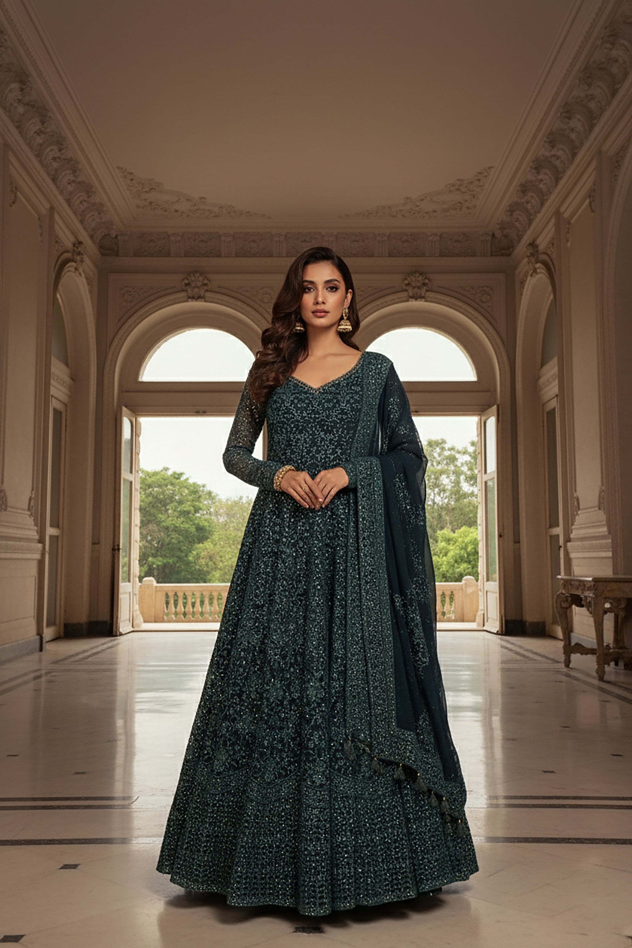 Midnight Majesty: Teal Blue Elegant Embroidered Anarkali Suit – Palkhi Fashion