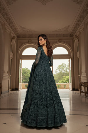Midnight Majesty: Teal Blue Elegant Embroidered Anarkali Suit – Palkhi Fashion