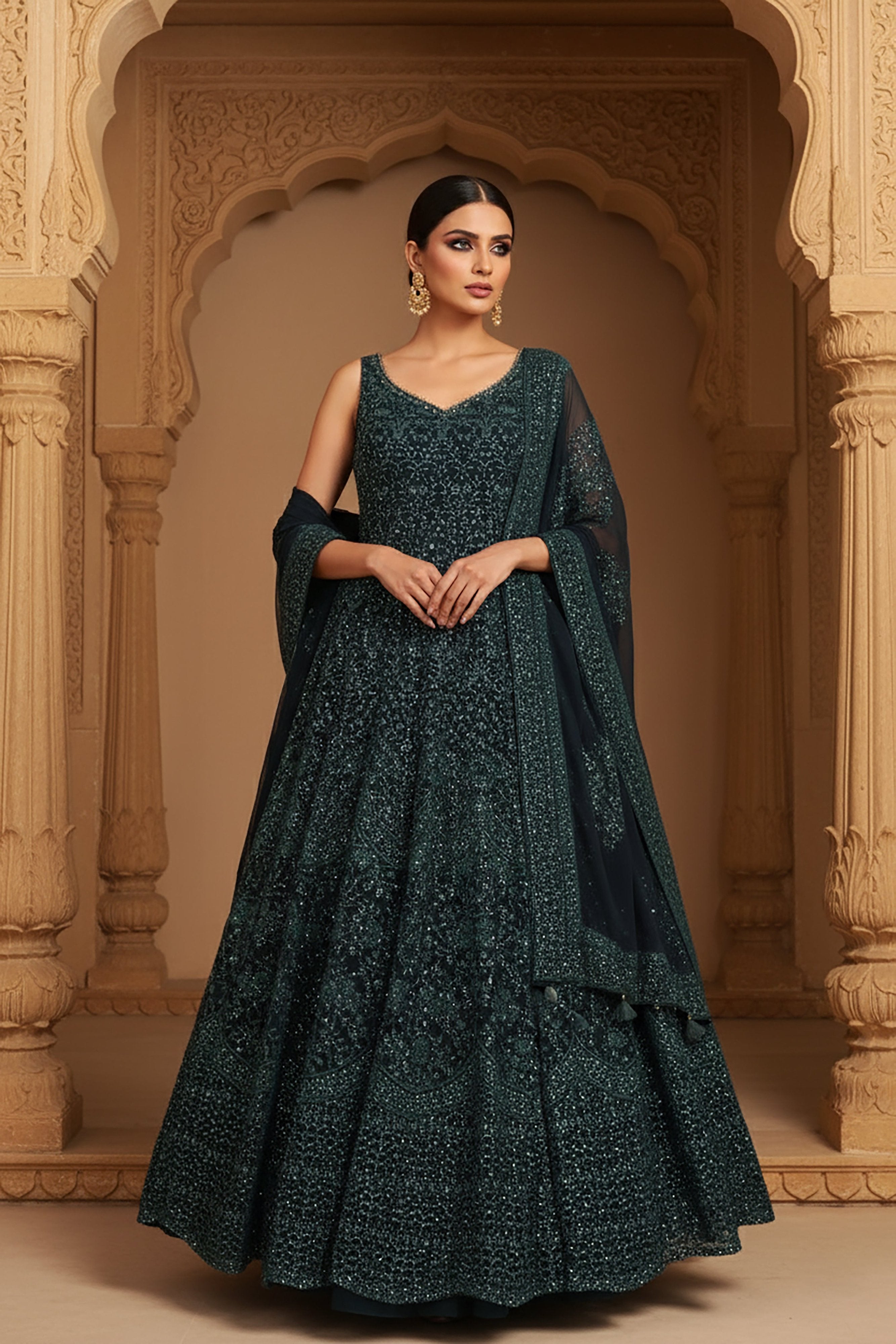 Midnight Majesty: Teal Blue Elegant Embroidered Anarkali Suit – Palkhi Fashion