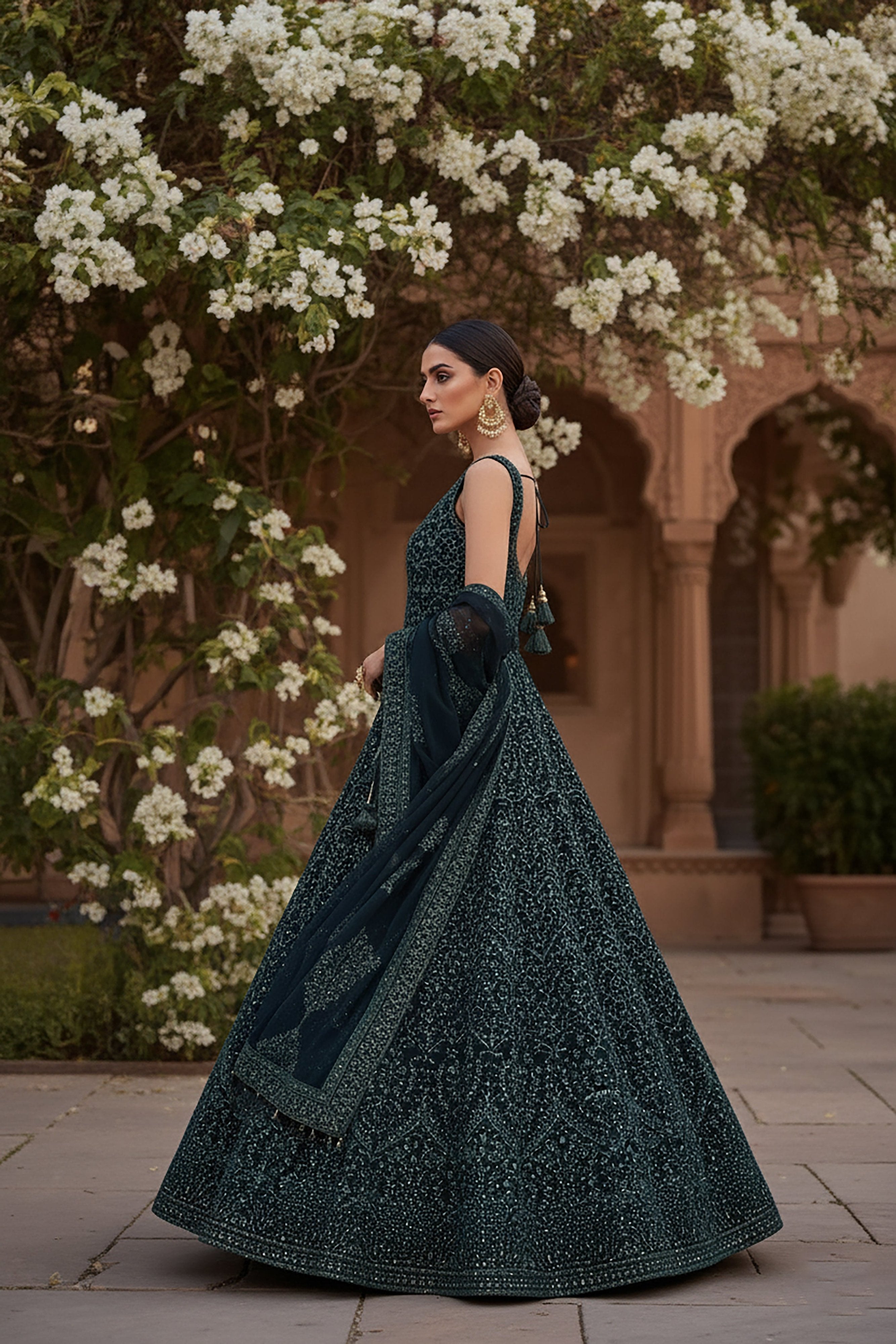 Midnight Majesty: Teal Blue Elegant Embroidered Anarkali Suit – Palkhi Fashion