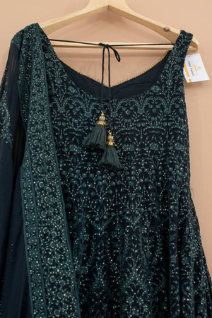 Midnight Majesty: Teal Blue Elegant Embroidered Anarkali Suit – Palkhi Fashion