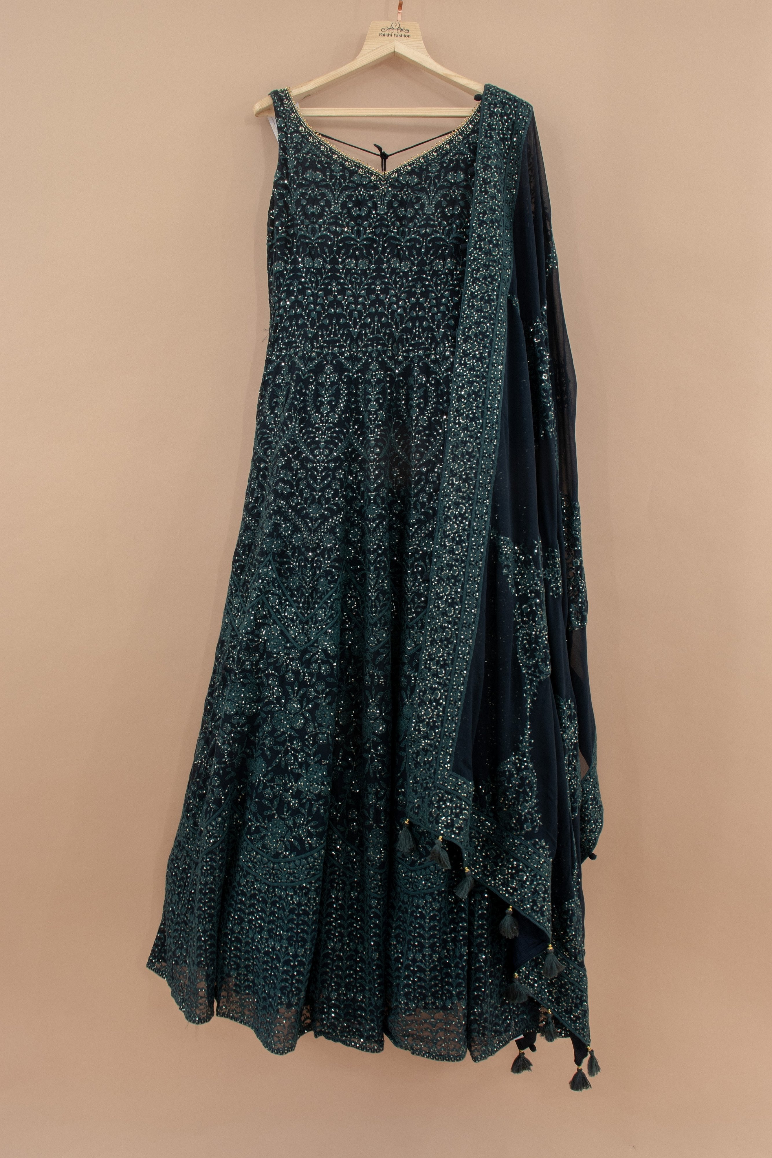Midnight Majesty: Teal Blue Elegant Embroidered Anarkali Suit – Palkhi Fashion