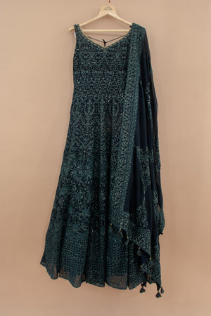 Midnight Majesty: Teal Blue Elegant Embroidered Anarkali Suit – Palkhi Fashion