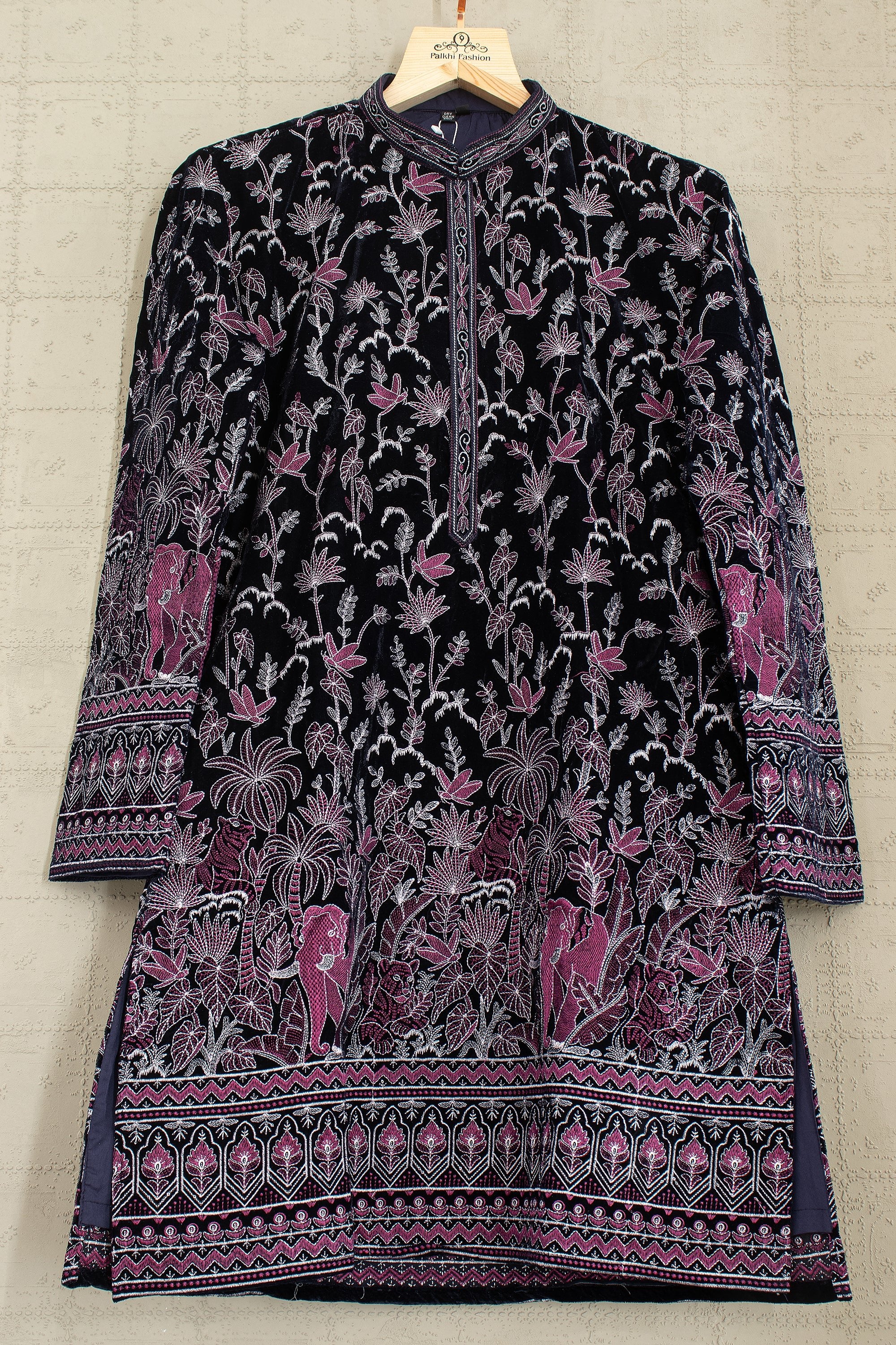 Midnight Majesty: Velvet Embroidered Kurta with Royal Motifs – Palkhi Fashion