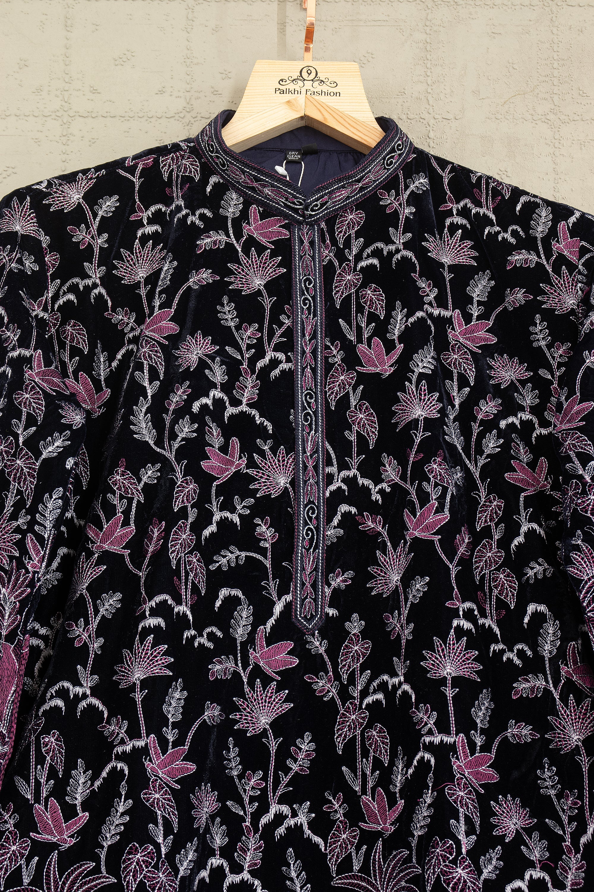 Midnight Majesty: Velvet Embroidered Kurta with Royal Motifs – Palkhi Fashion