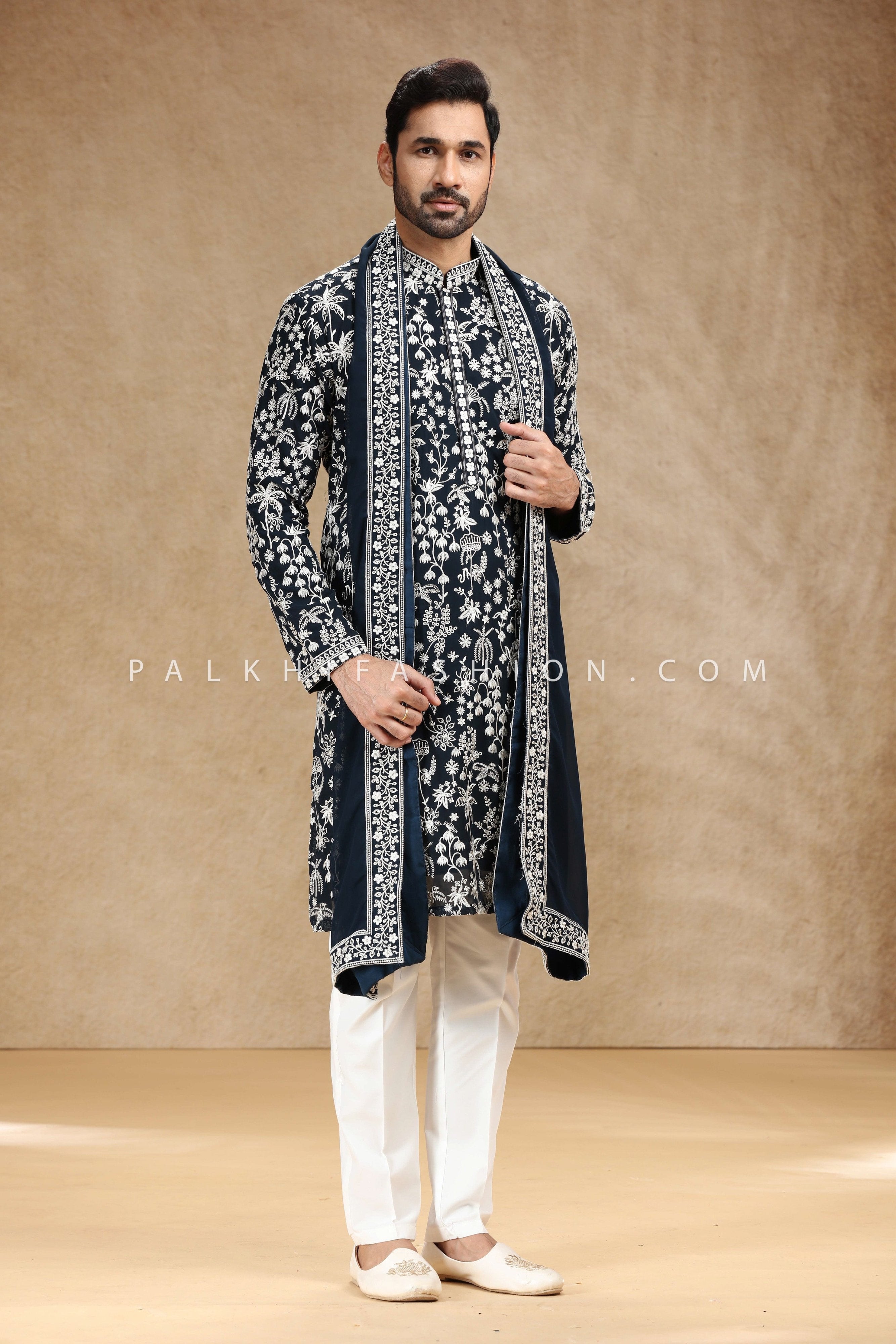 ✨ Midnight Marque: Men’s Navy Blue Embroidered Kurta Pajama with Matching Stole
