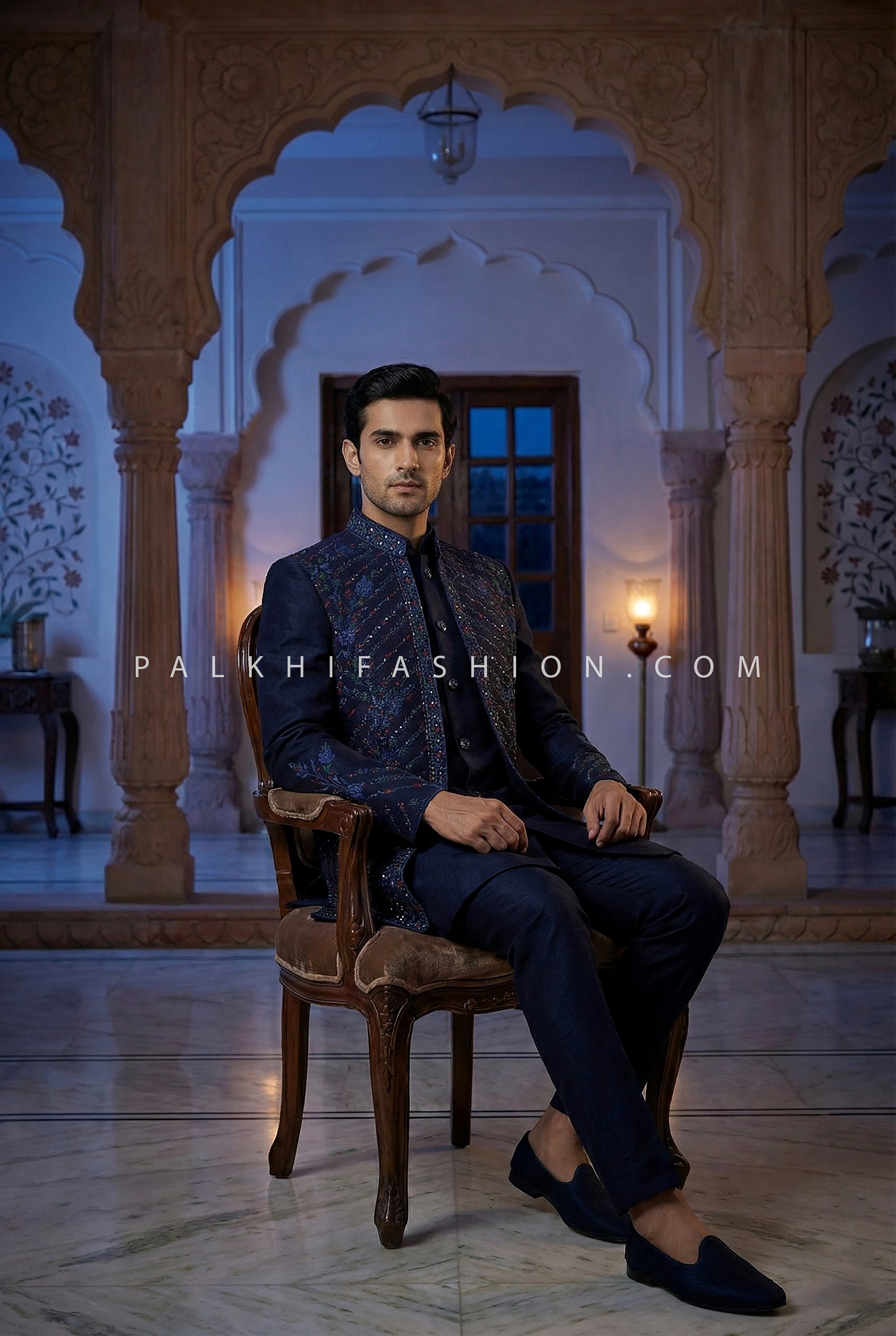 Midnight Mehfil: Navy Raw Silk Indo Western with Mirror & Multicolor Resham Work – Palkhi Fashion