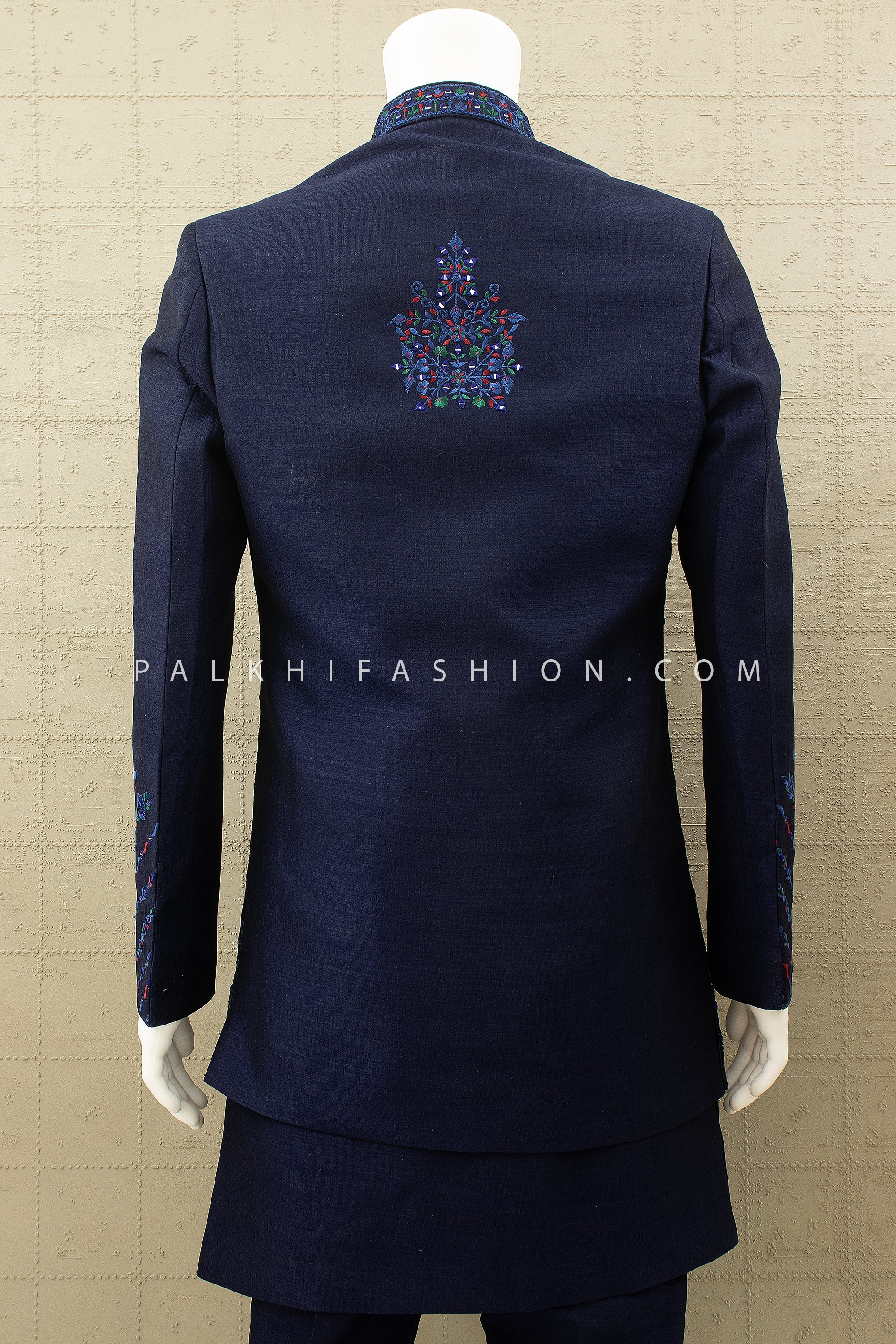 Midnight Mehfil: Navy Raw Silk Indo Western with Mirror & Multicolor Resham Work – Palkhi Fashion