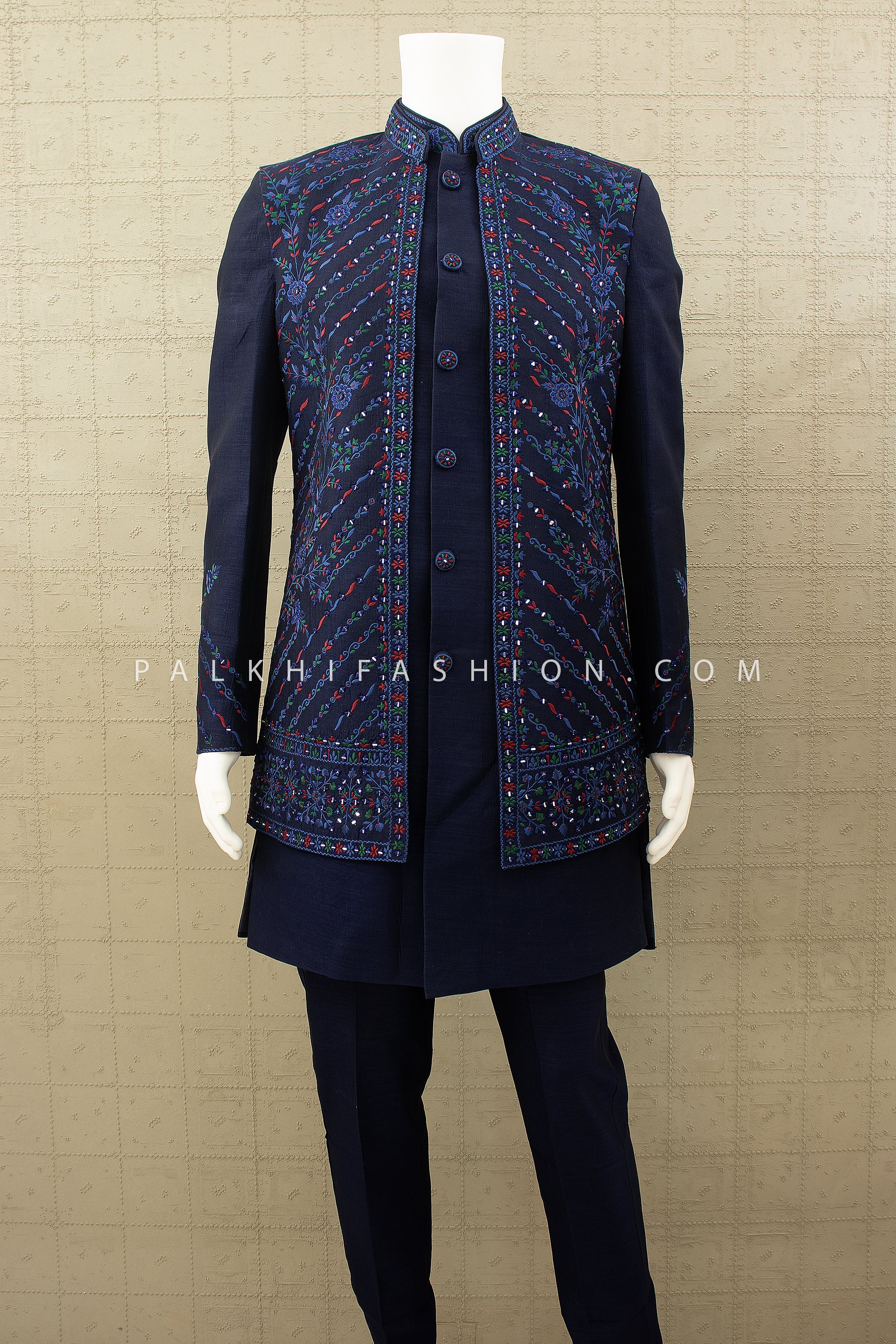 Midnight Mehfil: Navy Raw Silk Indo Western with Mirror & Multicolor Resham Work – Palkhi Fashion