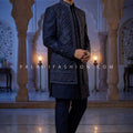 Midnight Mehfil: Navy Raw Silk Indo Western with Mirror & Multicolor Resham Work – Palkhi Fashion