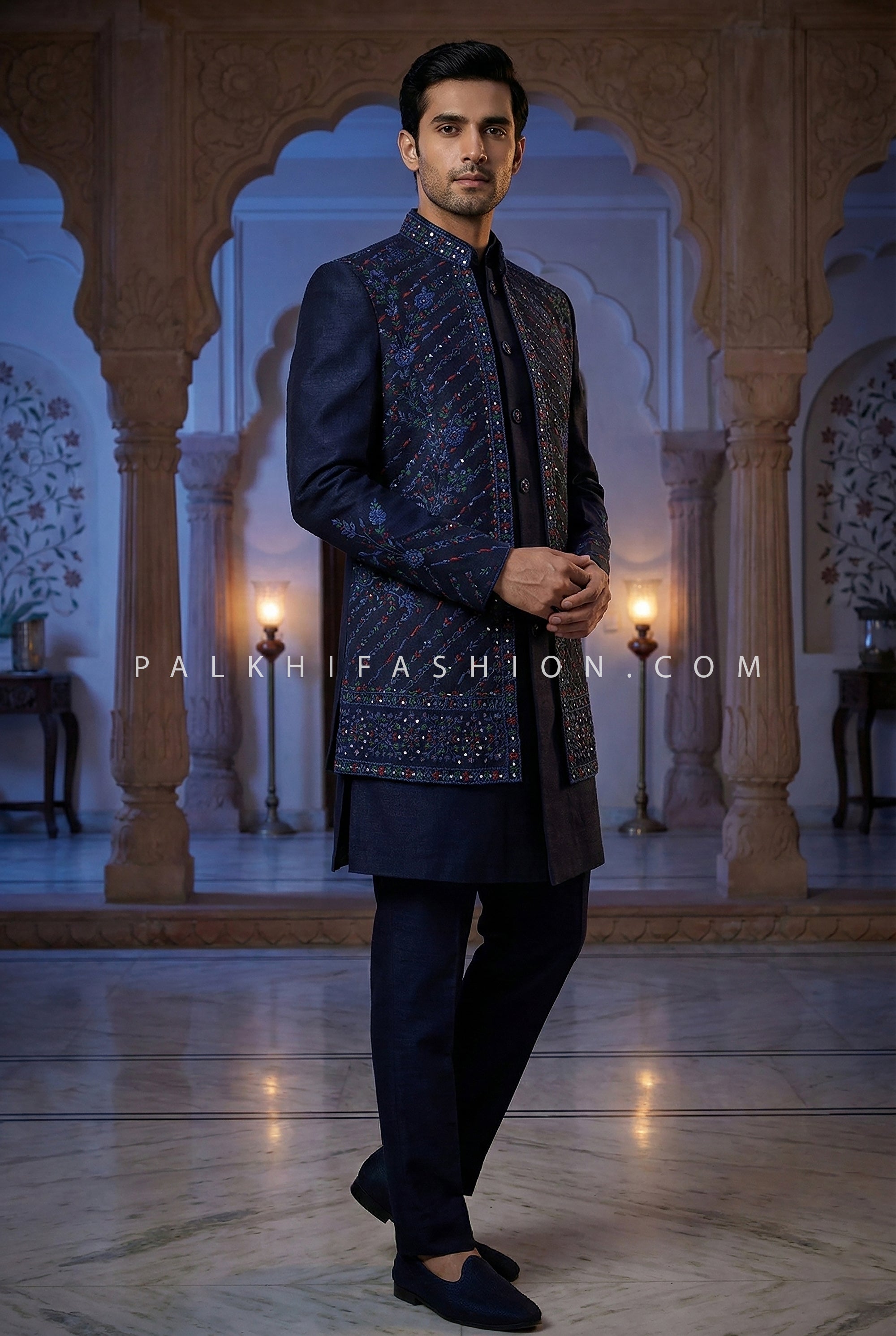 Midnight Mehfil: Navy Raw Silk Indo Western with Mirror & Multicolor Resham Work – Palkhi Fashion