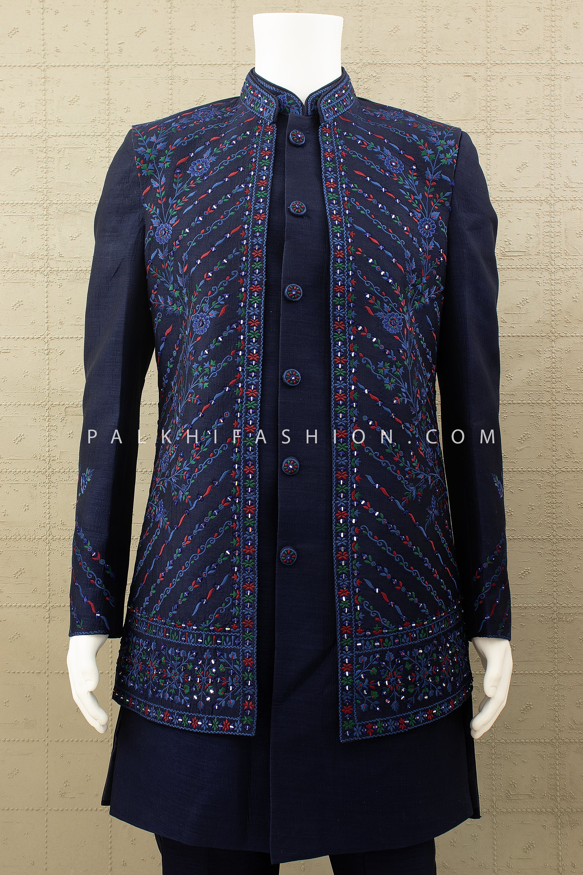 Midnight Mehfil: Navy Raw Silk Indo Western with Mirror & Multicolor Resham Work – Palkhi Fashion