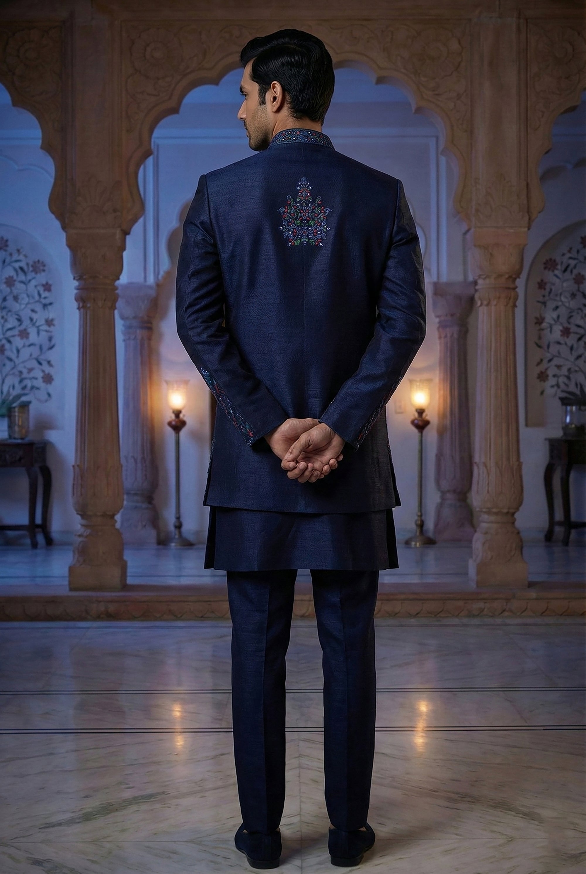 Midnight Mehfil: Navy Raw Silk Indo Western with Mirror & Multicolor Resham Work – Palkhi Fashion