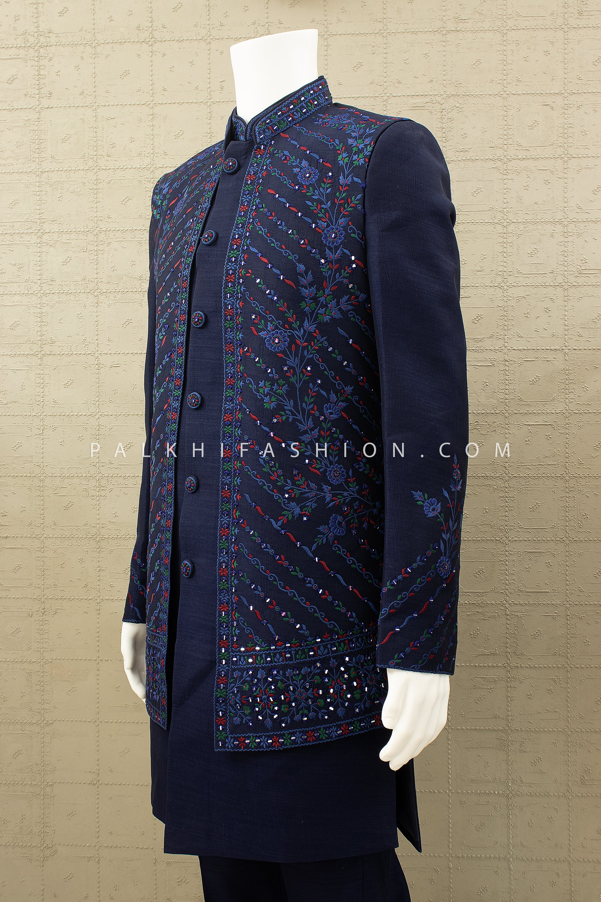 Midnight Mehfil: Navy Raw Silk Indo Western with Mirror & Multicolor Resham Work – Palkhi Fashion