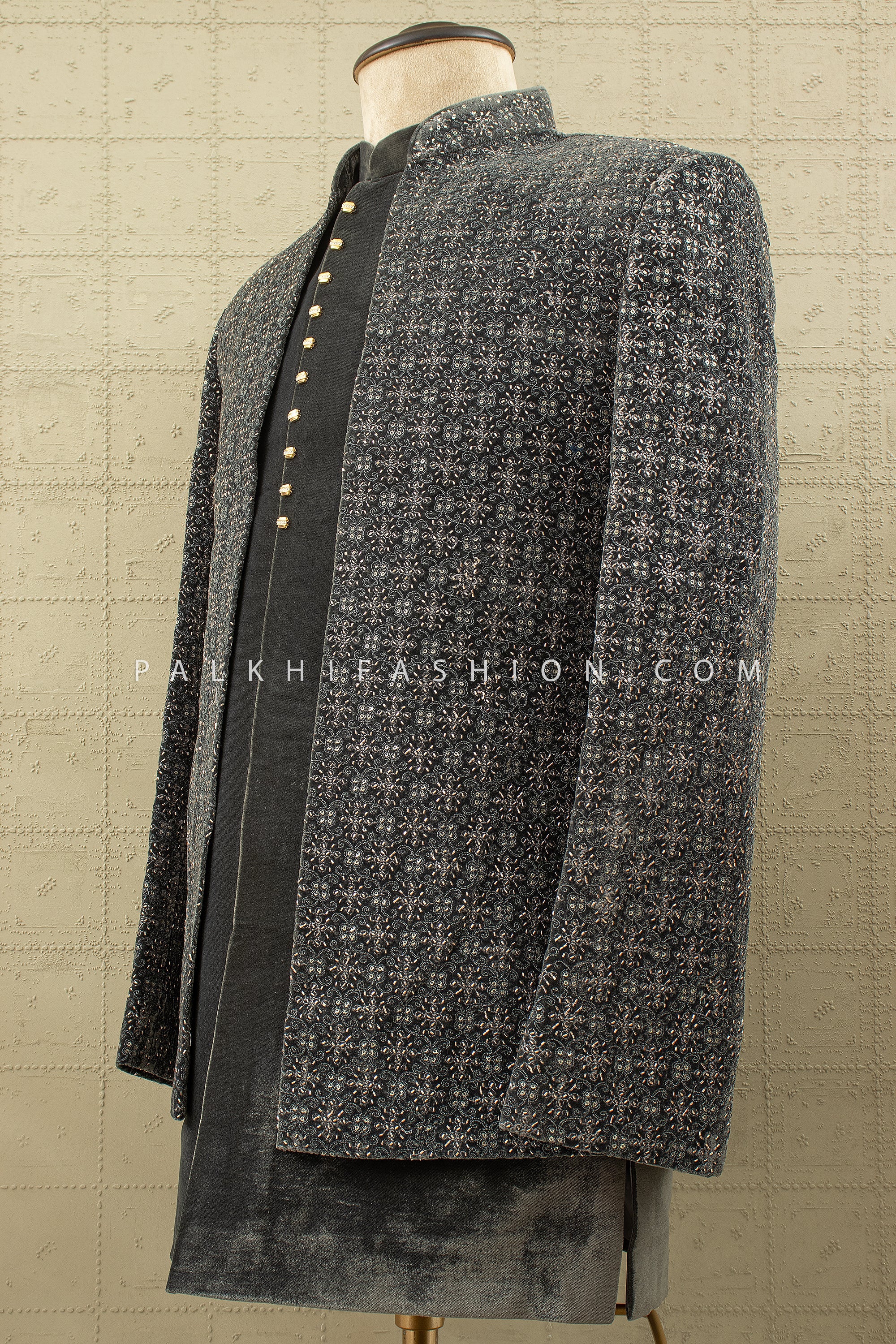 Midnight Monarch: Deep Grey Velvet Open Jacket Indo Western with Handwork