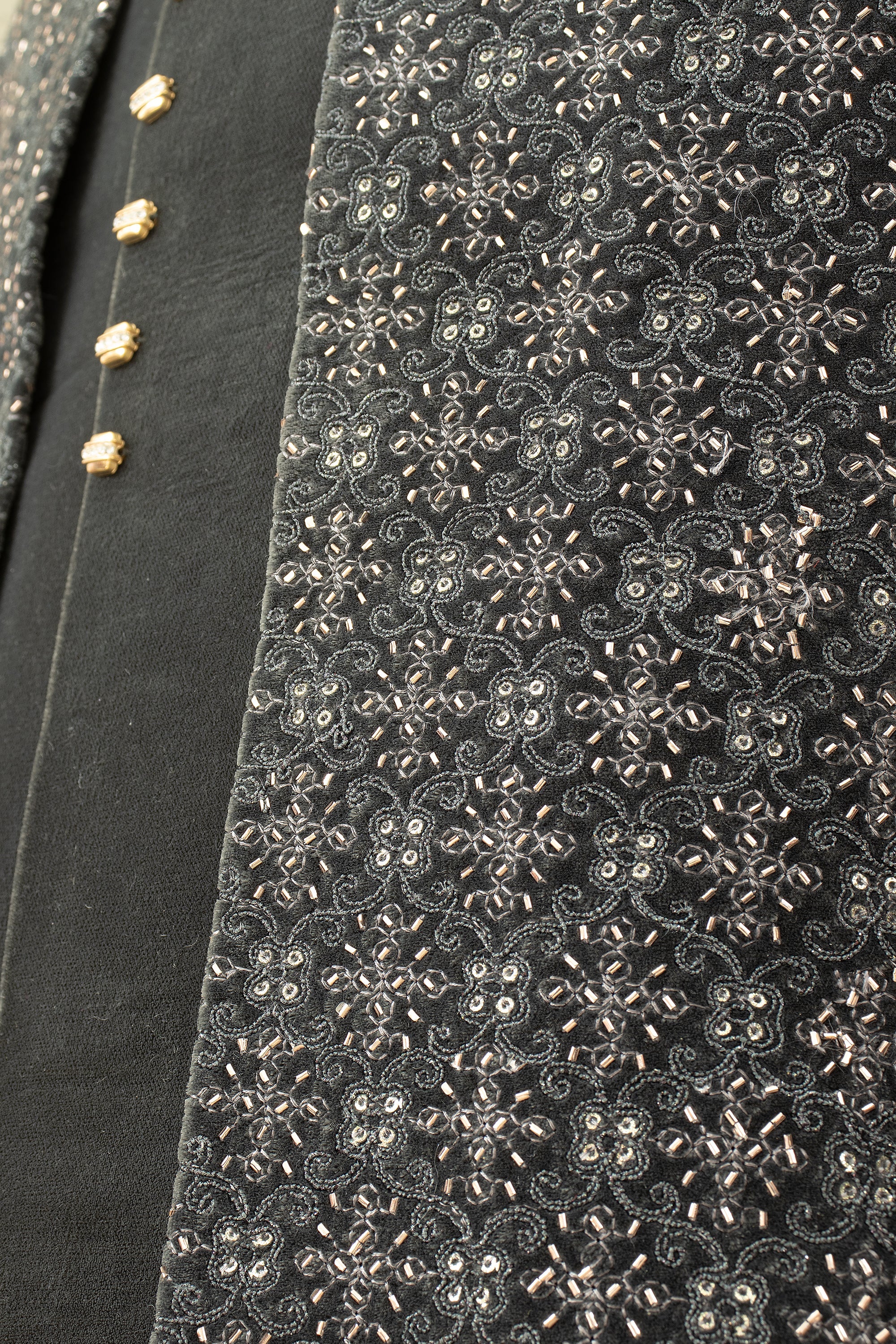 Midnight Monarch: Deep Grey Velvet Open Jacket Indo Western with Handwork