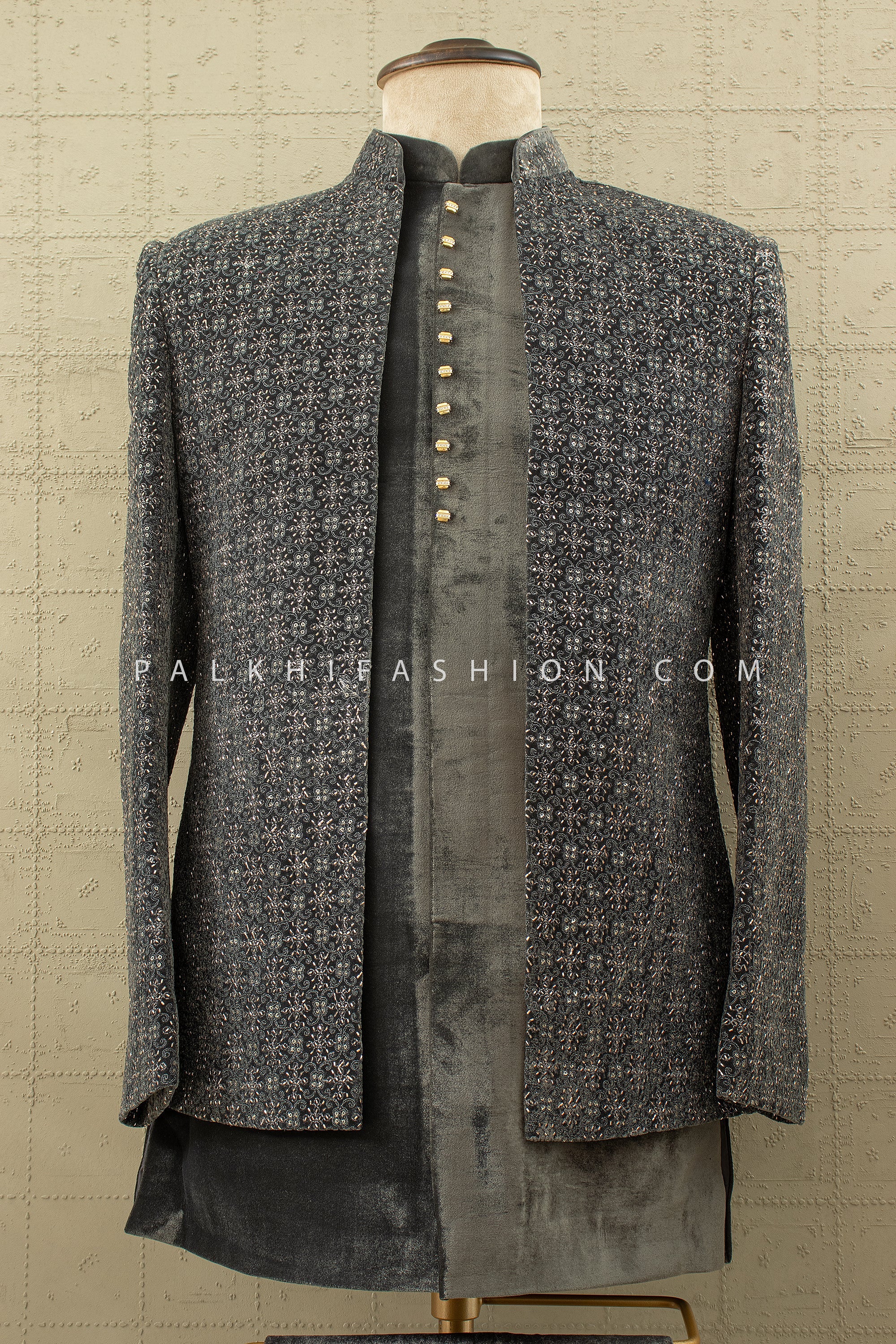 Midnight Monarch: Deep Grey Velvet Open Jacket Indo Western with Handwork