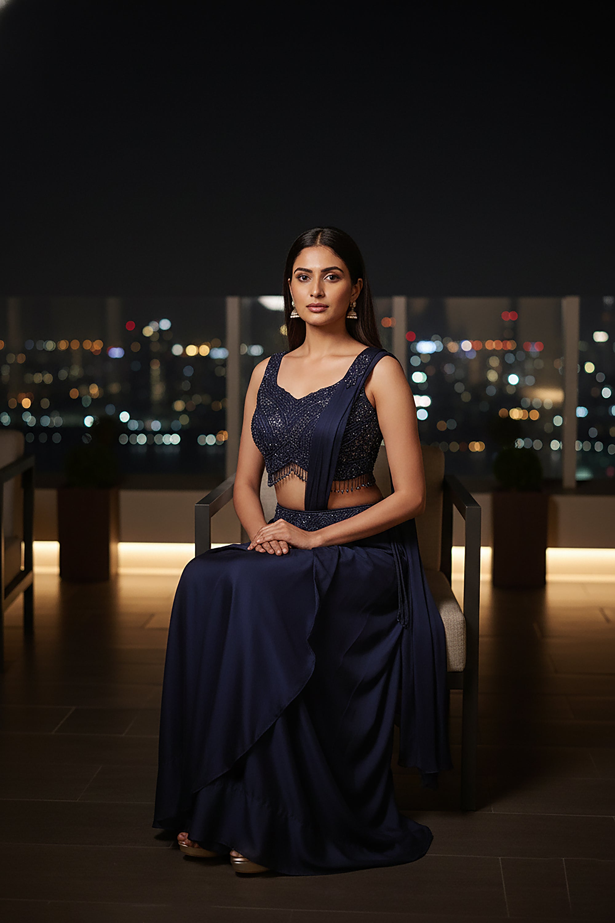 🌌 Midnight Muse: Navy Blue Cocktail Draped Lehenga with Hand & Bead Work Blouse