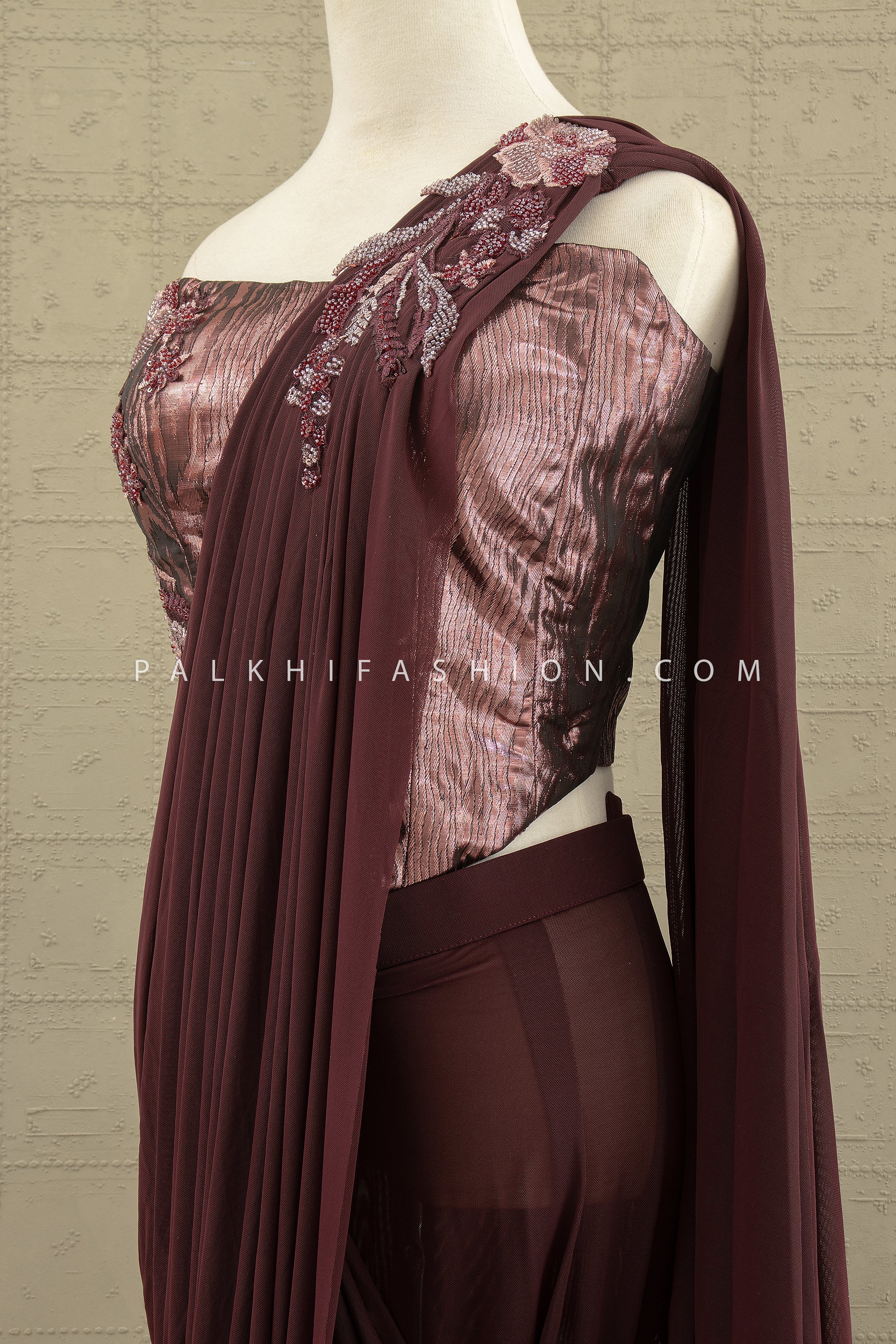 🍷 Midnight Muse: Wine Sculpted Drape Saree with Beaded Corset Blouse – Palkhi Fashion