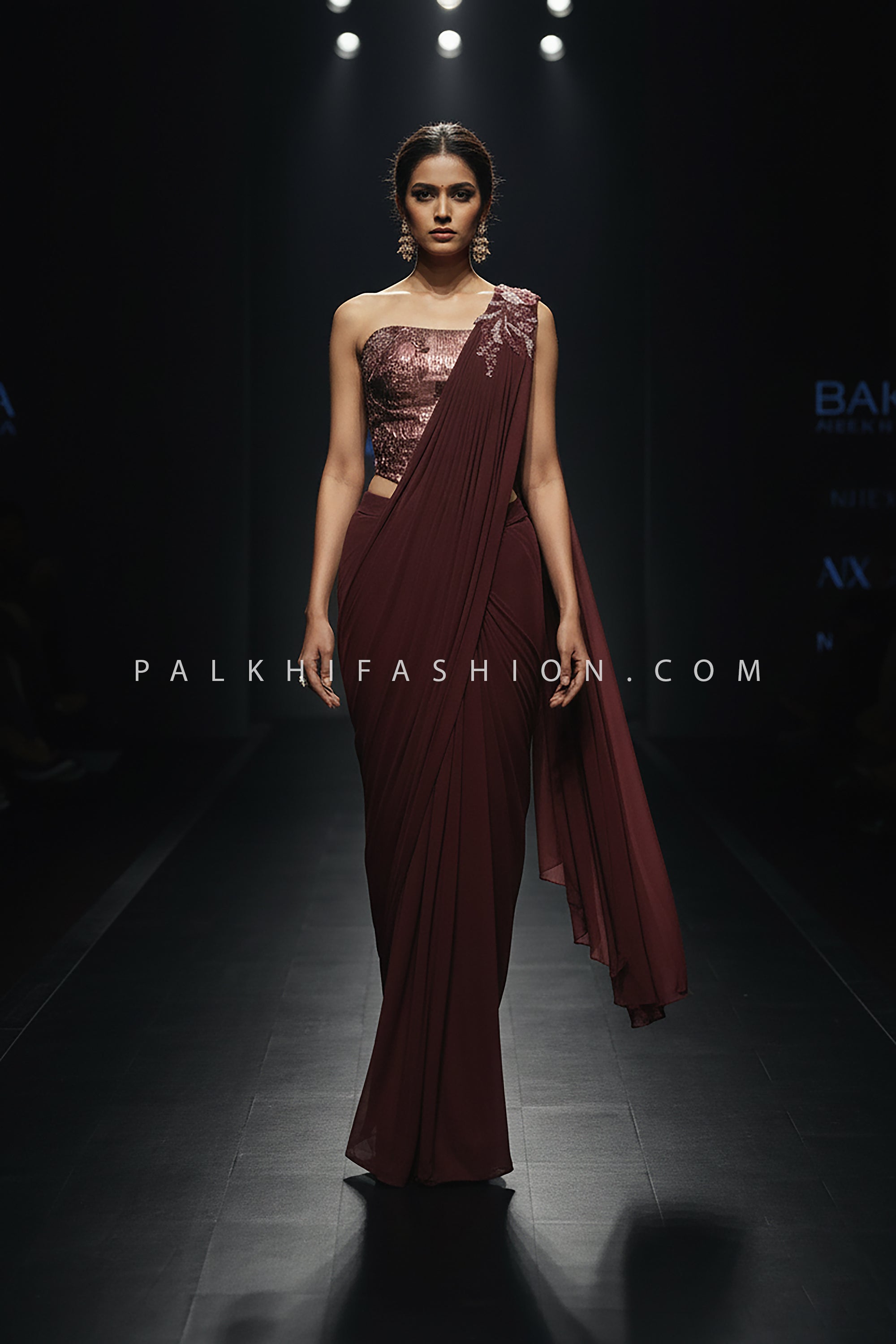 🍷 Midnight Muse: Wine Sculpted Drape Saree with Beaded Corset Blouse – Palkhi Fashion