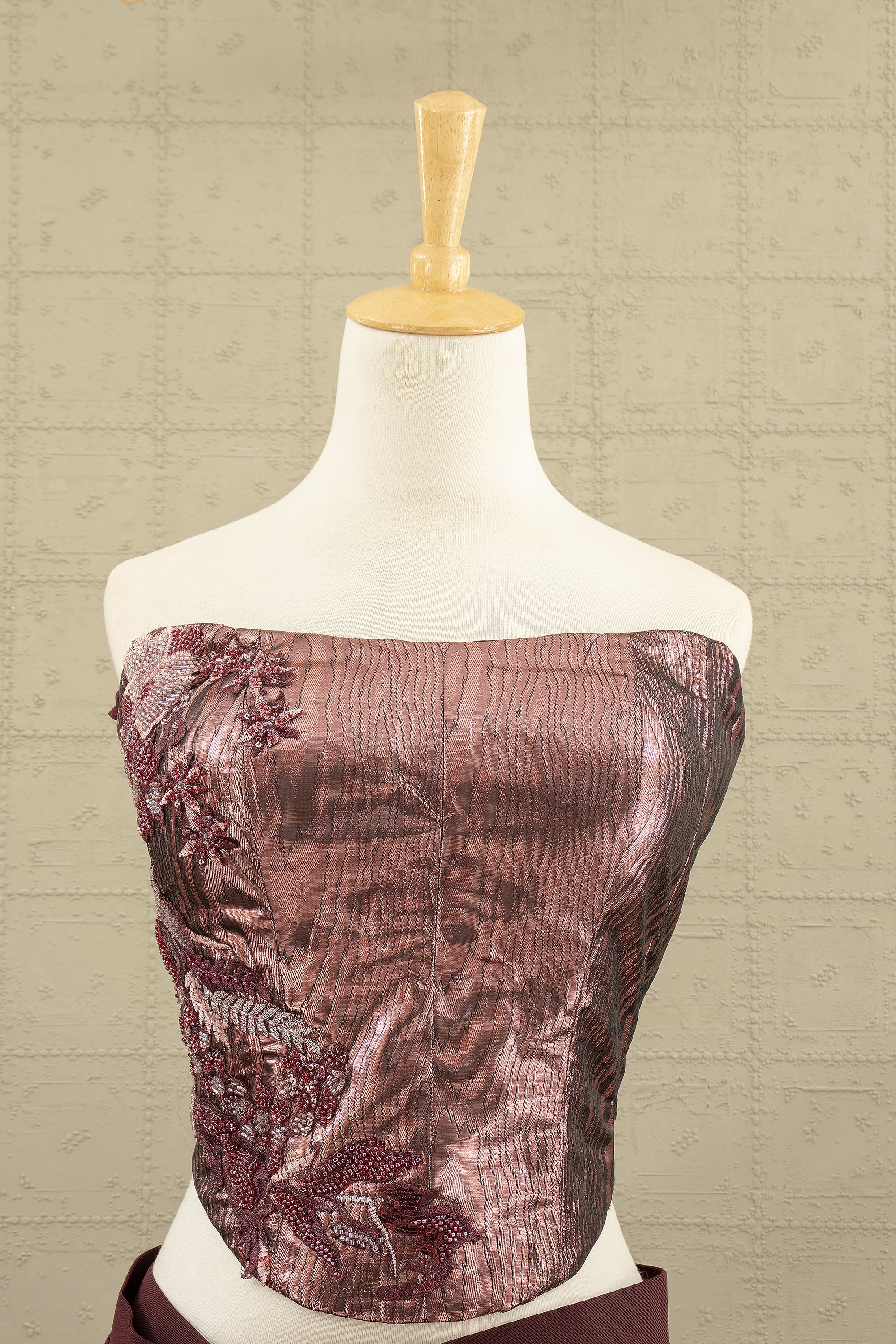 🍷 Midnight Muse: Wine Sculpted Drape Saree with Beaded Corset Blouse – Palkhi Fashion