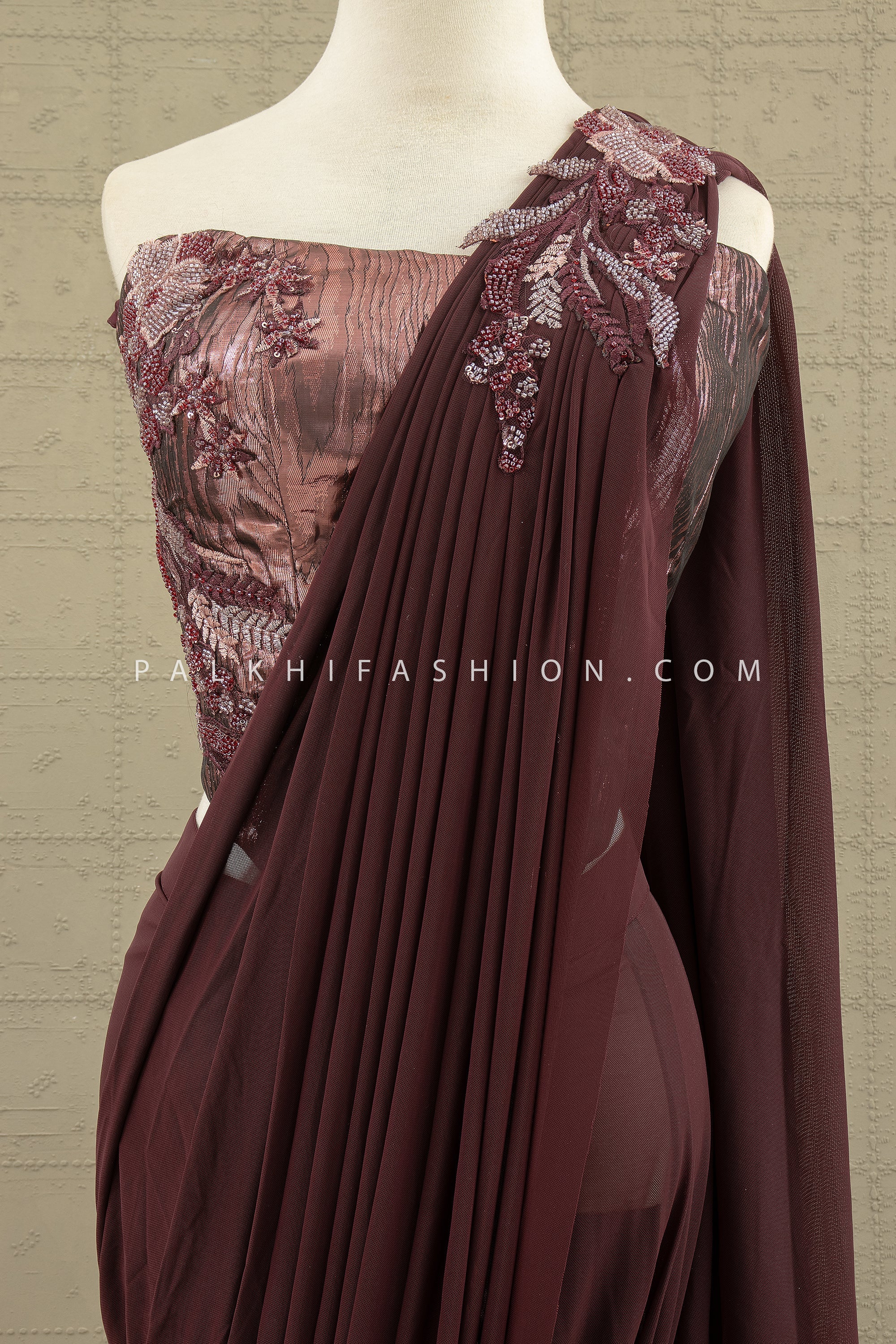 🍷 Midnight Muse: Wine Sculpted Drape Saree with Beaded Corset Blouse – Palkhi Fashion