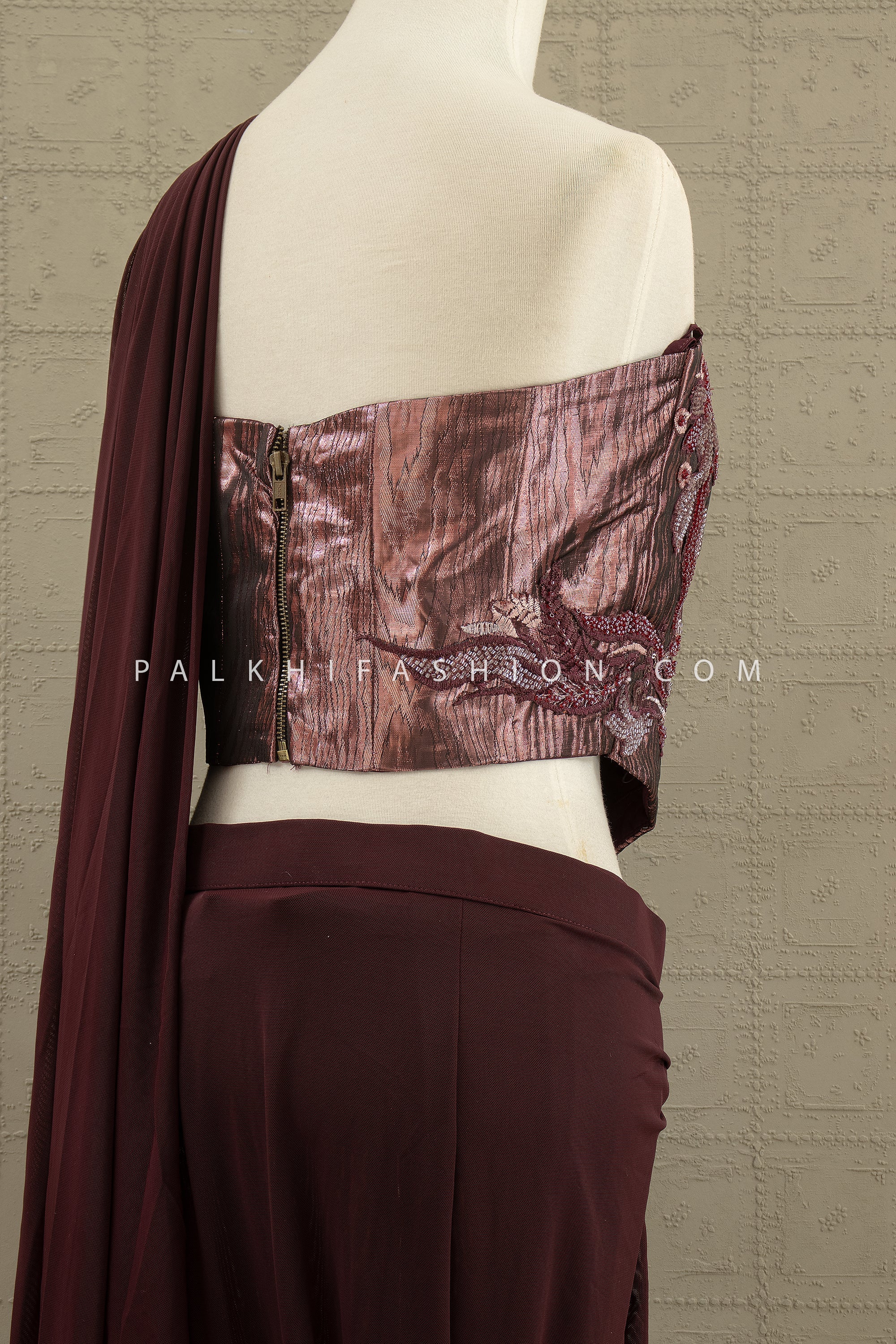 🍷 Midnight Muse: Wine Sculpted Drape Saree with Beaded Corset Blouse – Palkhi Fashion