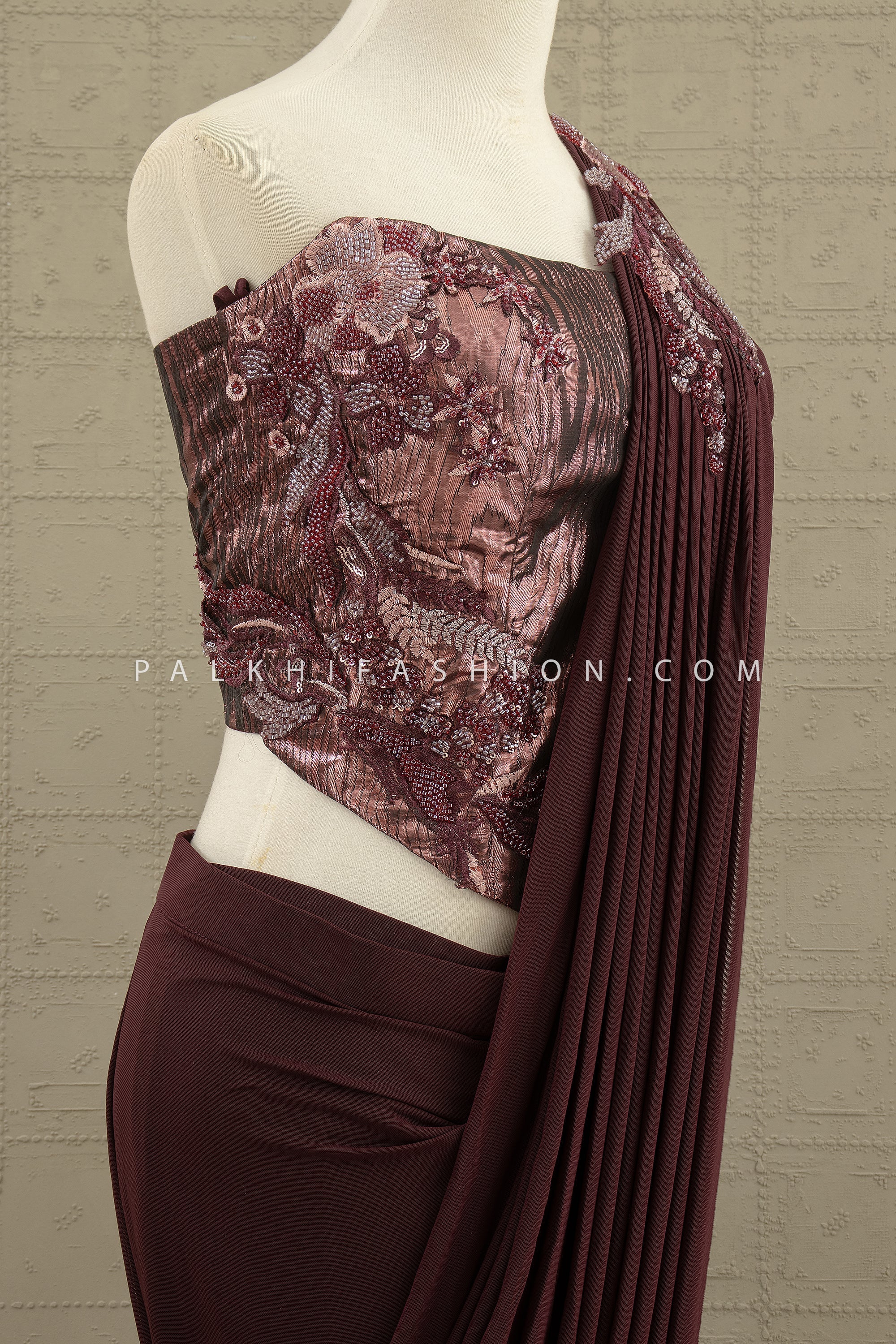 🍷 Midnight Muse: Wine Sculpted Drape Saree with Beaded Corset Blouse – Palkhi Fashion