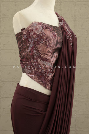 🍷 Midnight Muse: Wine Sculpted Drape Saree with Beaded Corset Blouse – Palkhi Fashion