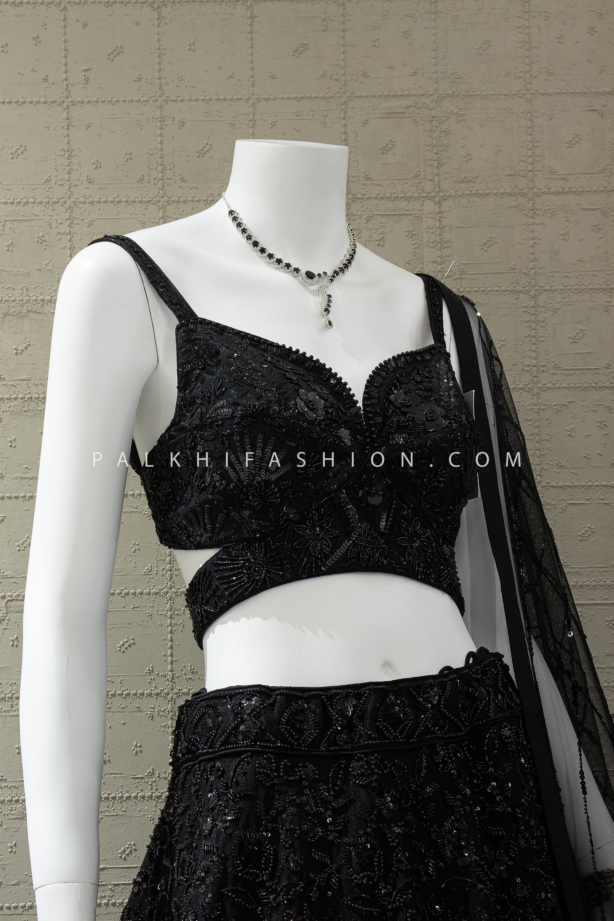 Midnight Noir Luxe – Black Hand Embroidered Lehenga with Designer Bralette Blouse – Palkhi Fashion