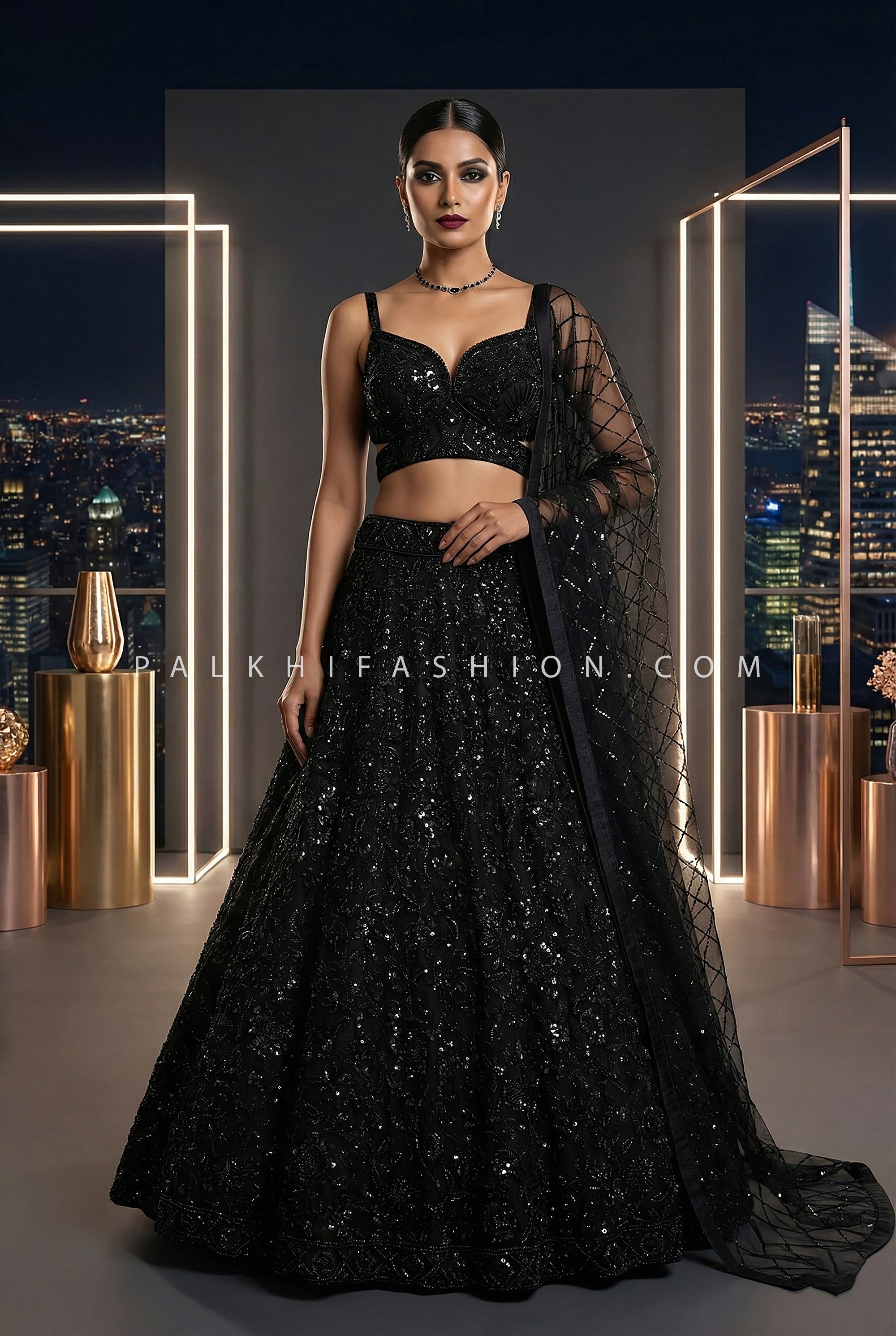 Midnight Noir Luxe – Black Hand Embroidered Lehenga with Designer Bralette Blouse – Palkhi Fashion