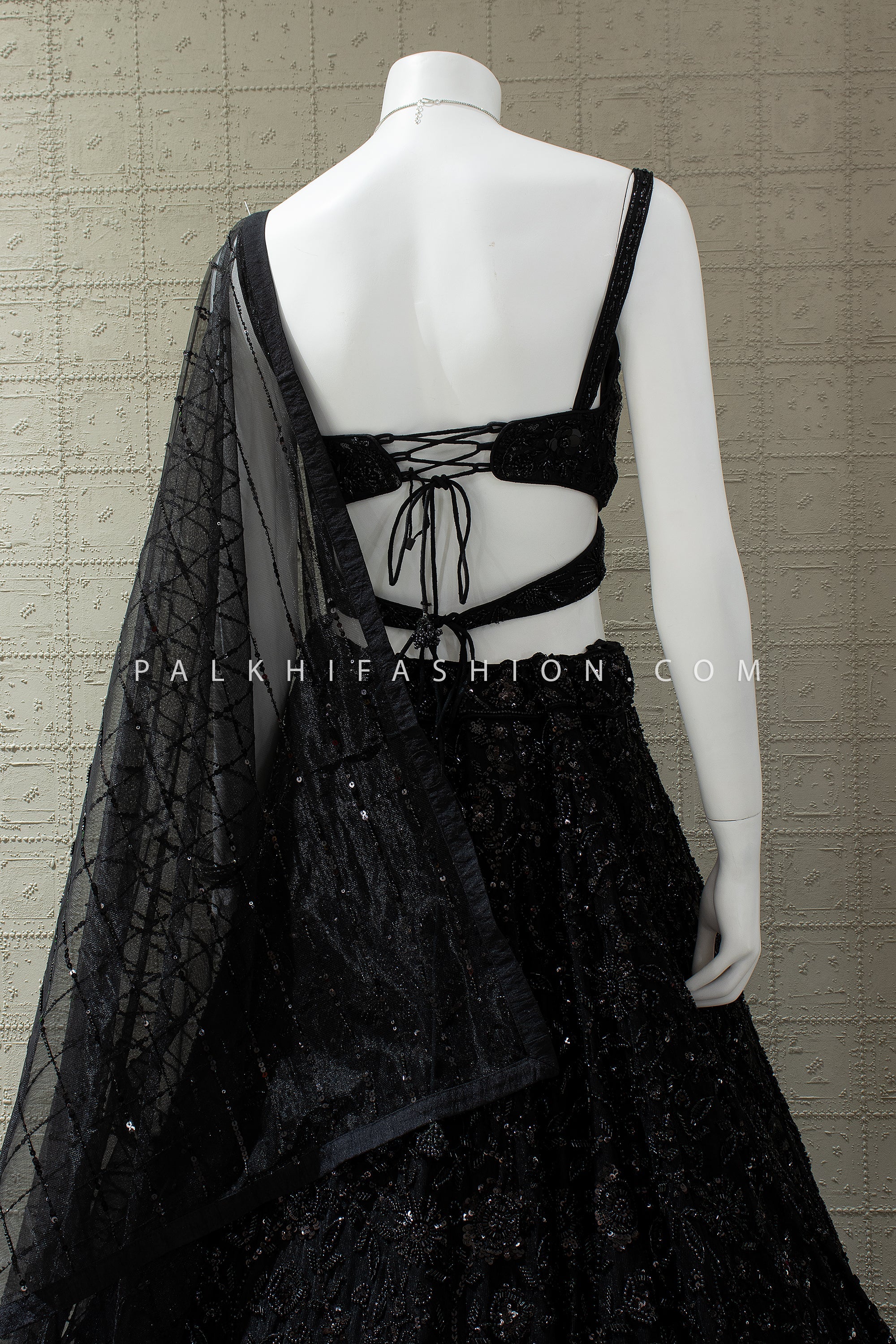 Midnight Noir Luxe – Black Hand Embroidered Lehenga with Designer Bralette Blouse – Palkhi Fashion