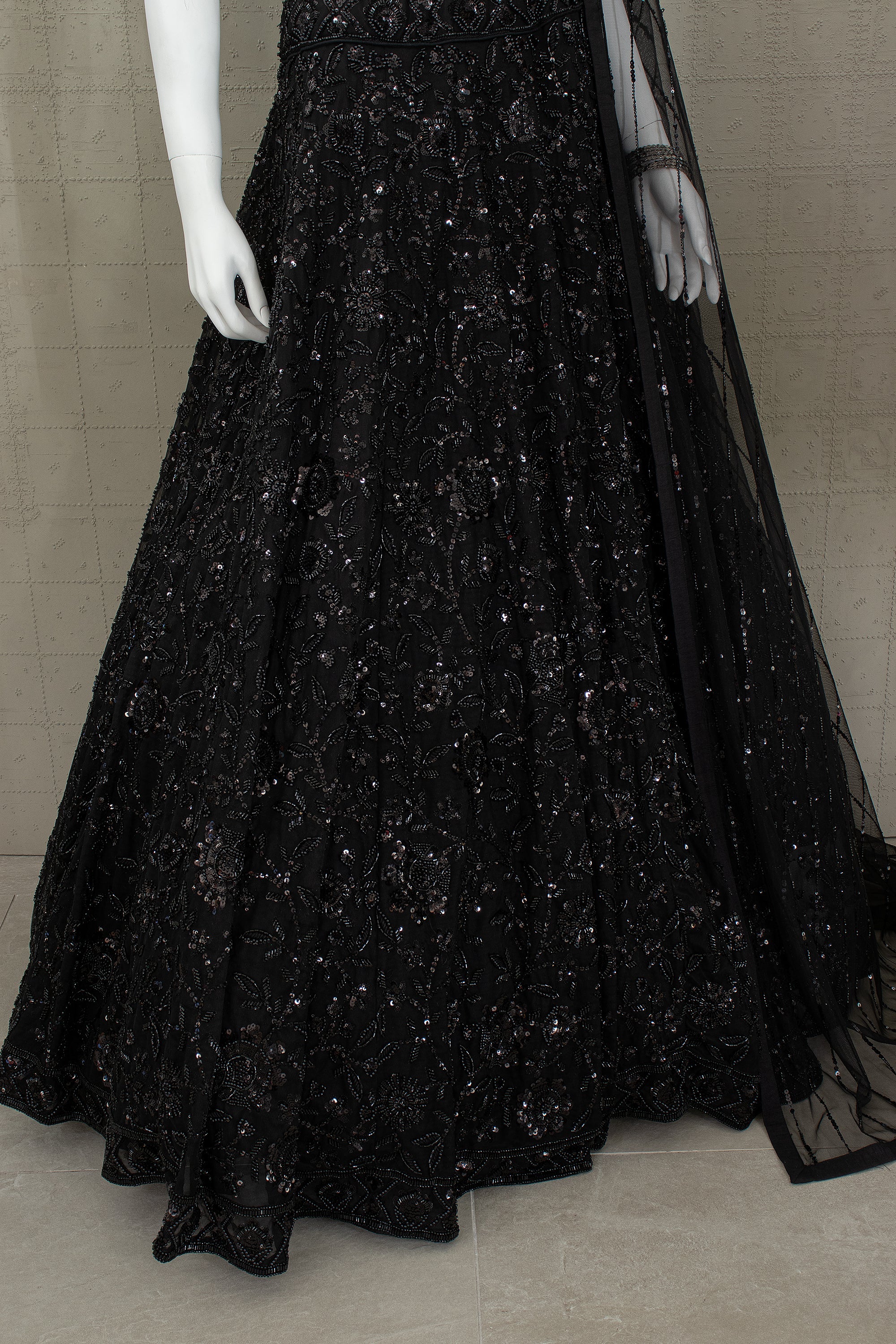 Midnight Noir Luxe – Black Hand Embroidered Lehenga with Designer Bralette Blouse – Palkhi Fashion