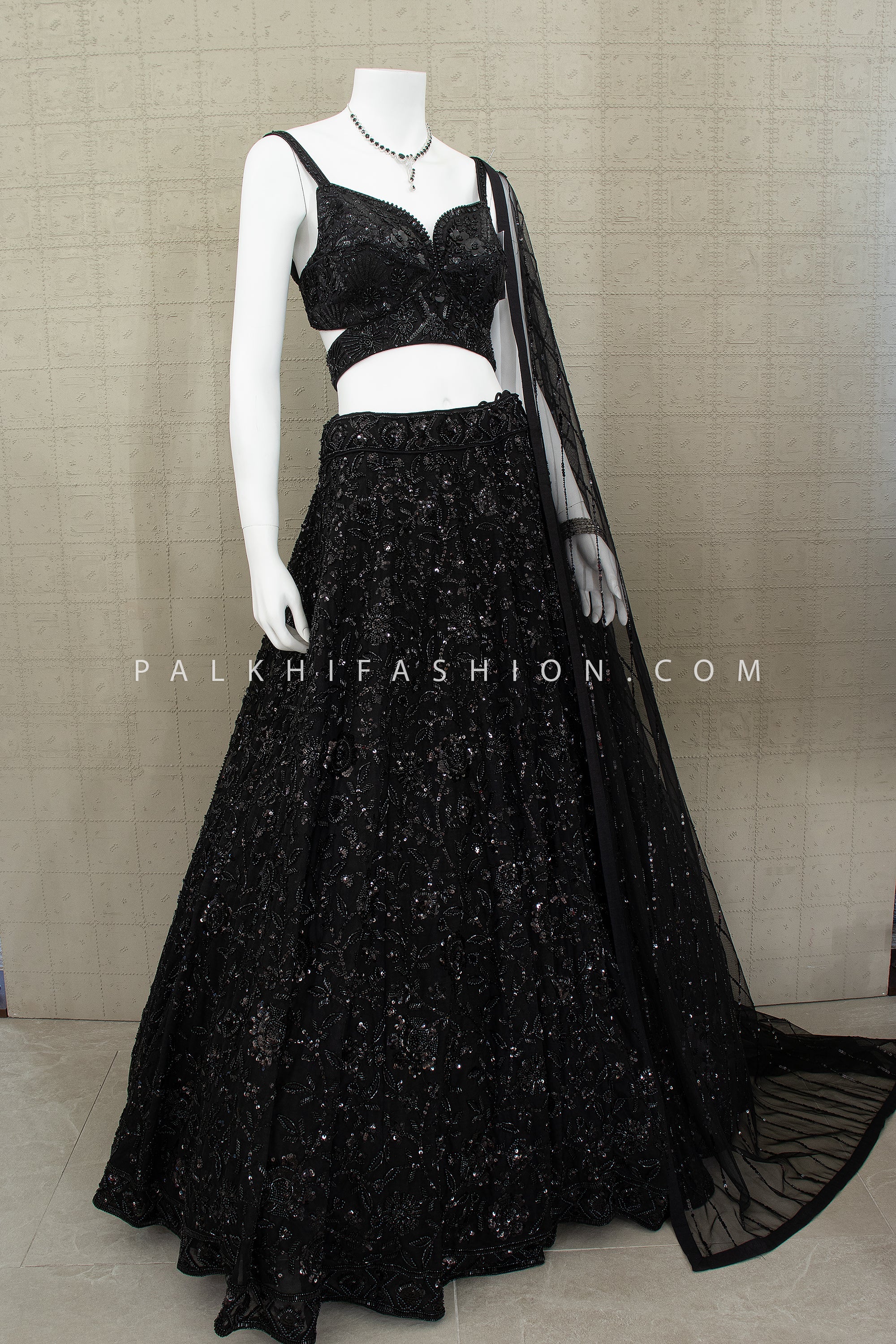 Midnight Noir Luxe – Black Hand Embroidered Lehenga with Designer Bralette Blouse – Palkhi Fashion