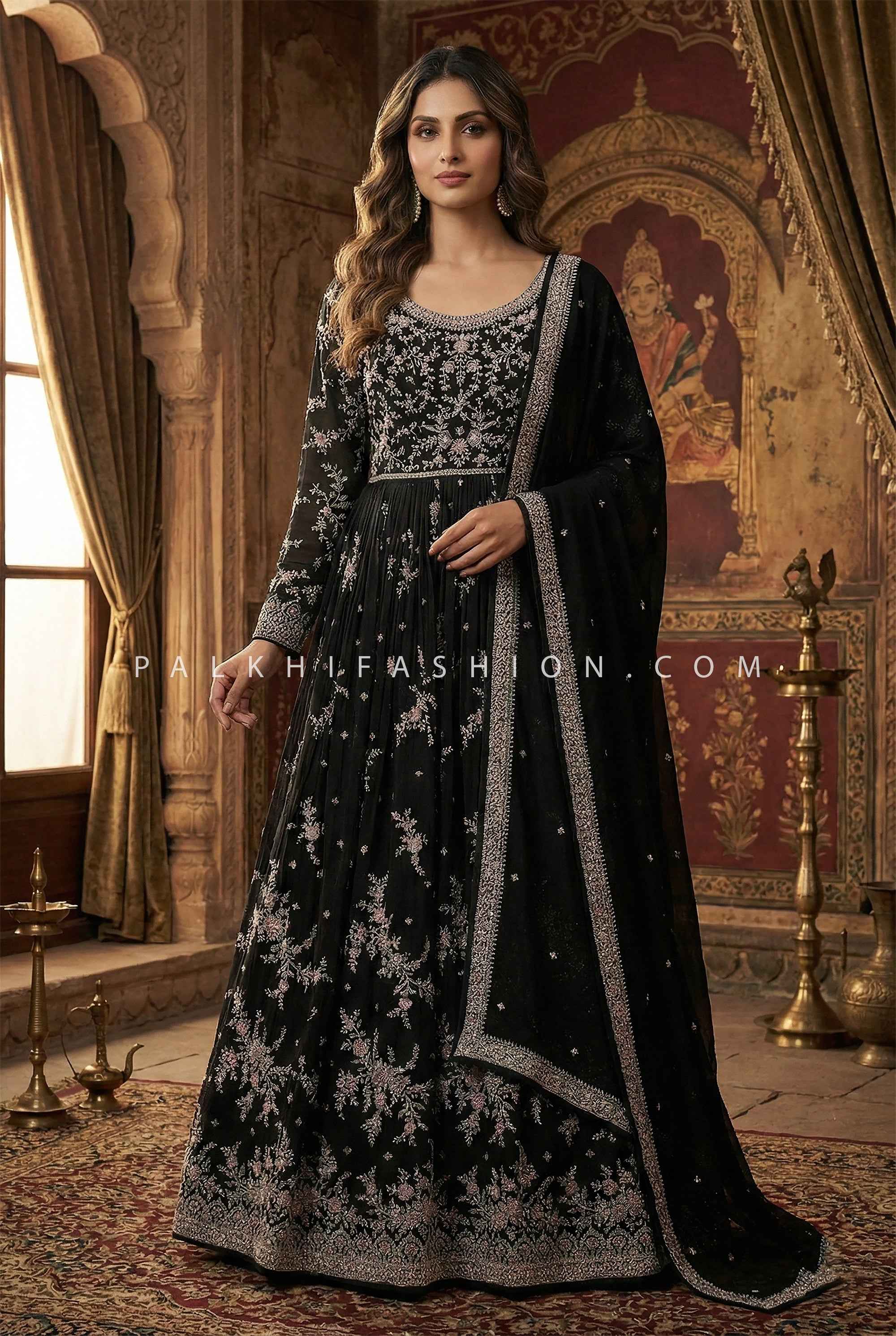 Black Designer Embroidered Anarkali Gown