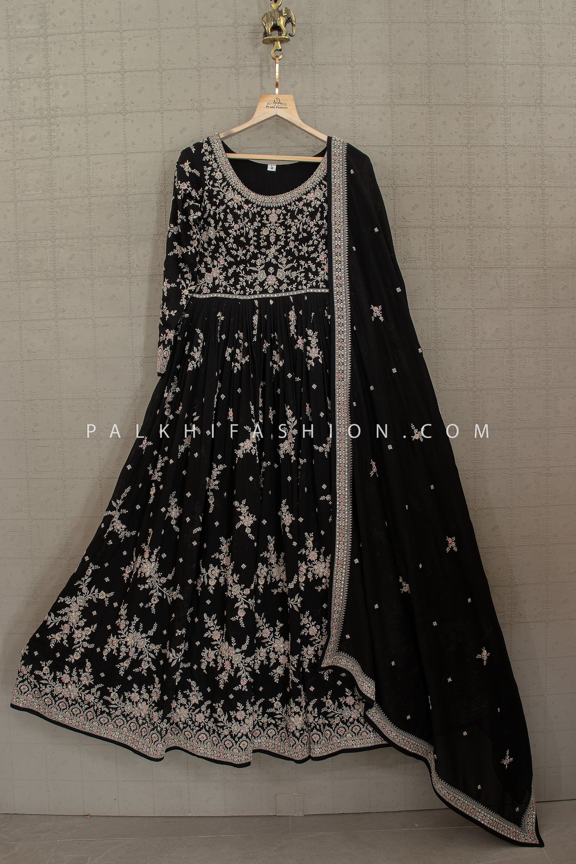 Midnight Regal Black Elegant Embroidered Anarkali Gown | Palkhi Fashion Houston