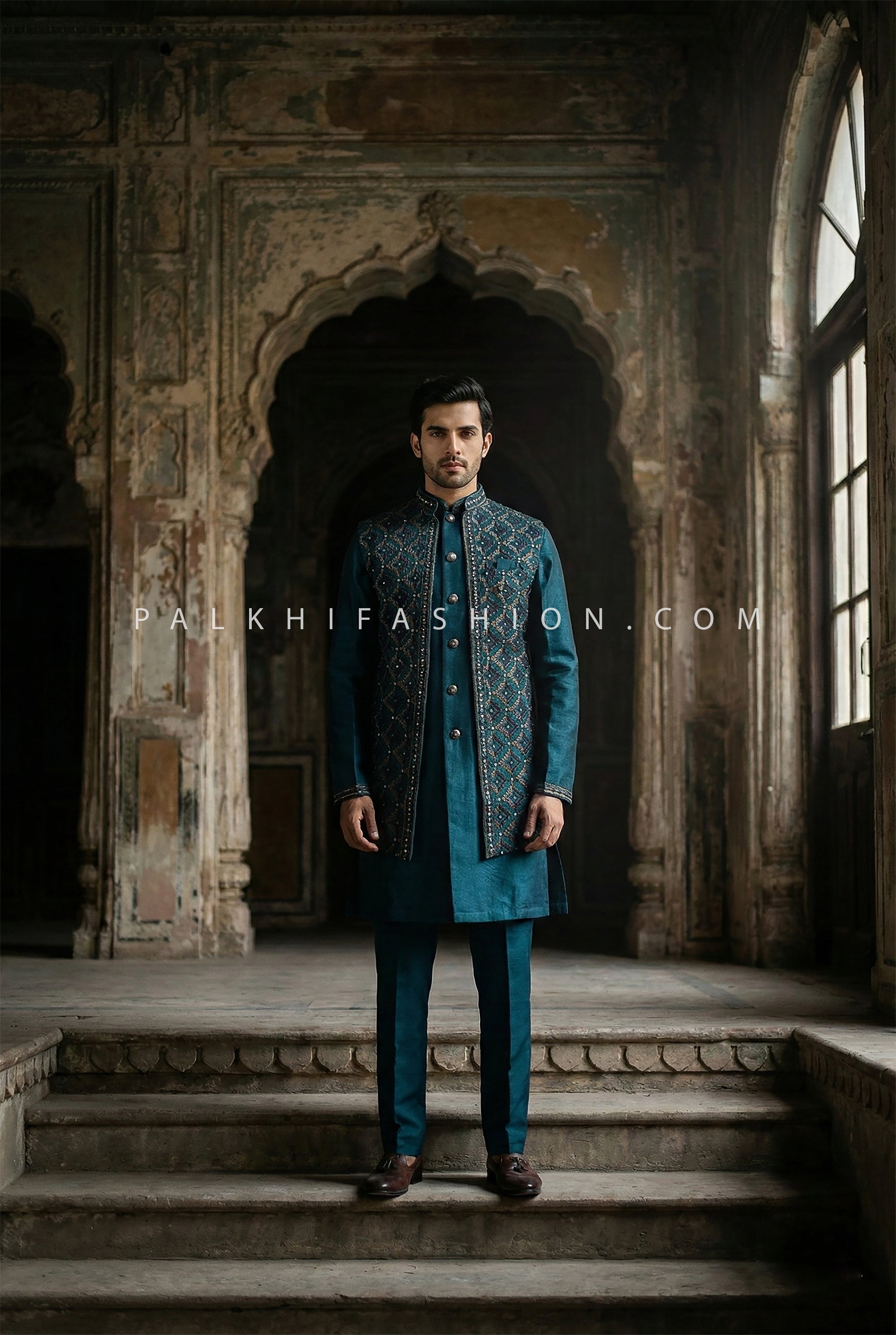 Midnight Regal Edge - Dark Teal Open Jacket Indo Western Kurta Set – Palkhi Fashion