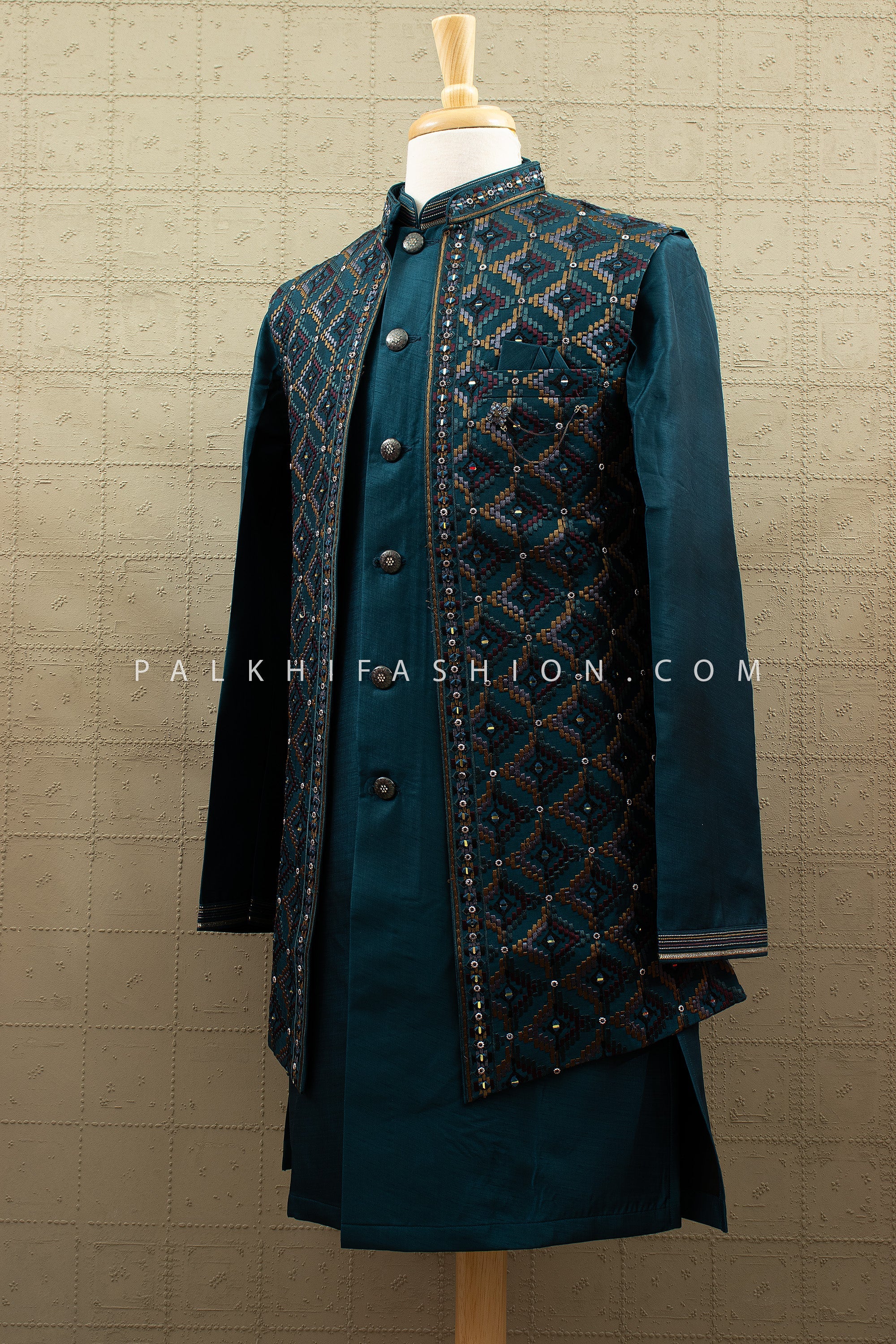 Midnight Regal Edge - Dark Teal Open Jacket Indo Western Kurta Set – Palkhi Fashion
