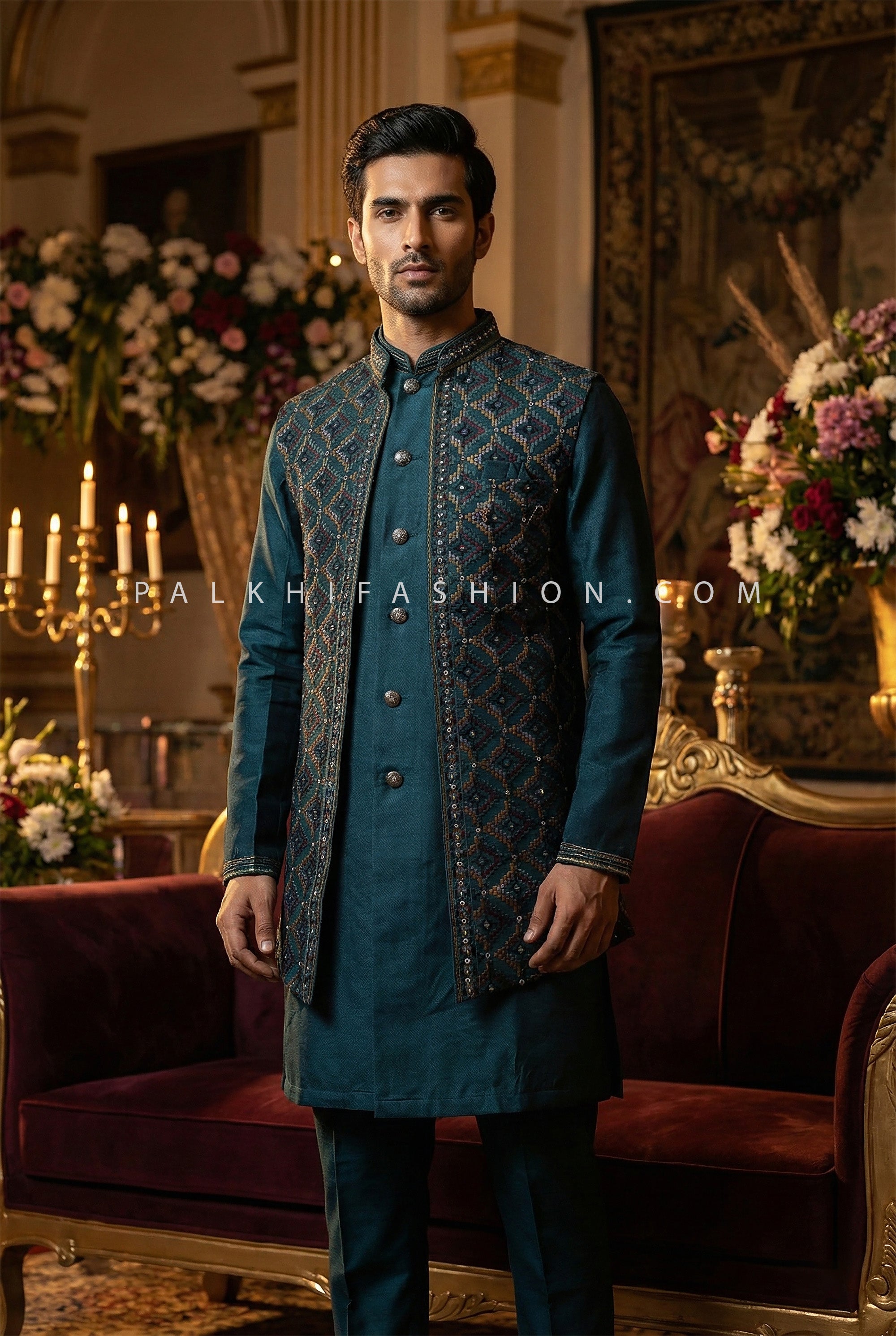 Midnight Regal Edge - Dark Teal Open Jacket Indo Western Kurta Set – Palkhi Fashion