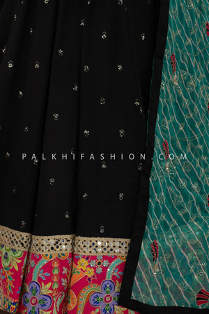 ✨ Midnight Reverie: Black Mirror - Work Chaniya Choli with Sea - Green Dupatta – Palkhi Fashion