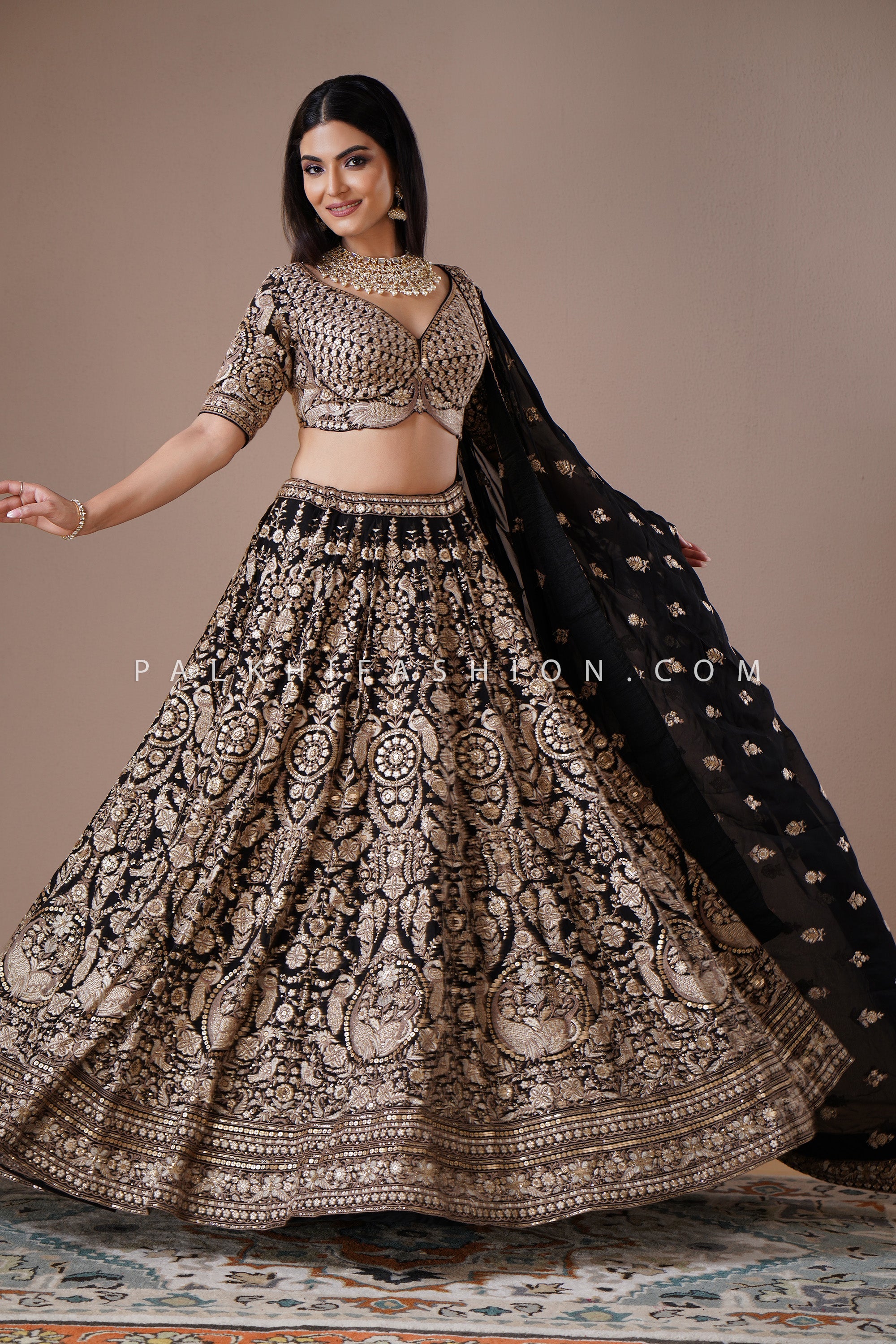Midnight Royalty Black - Antique Gold Embroidered Designer Lehenga Set | Palkhi Fashion