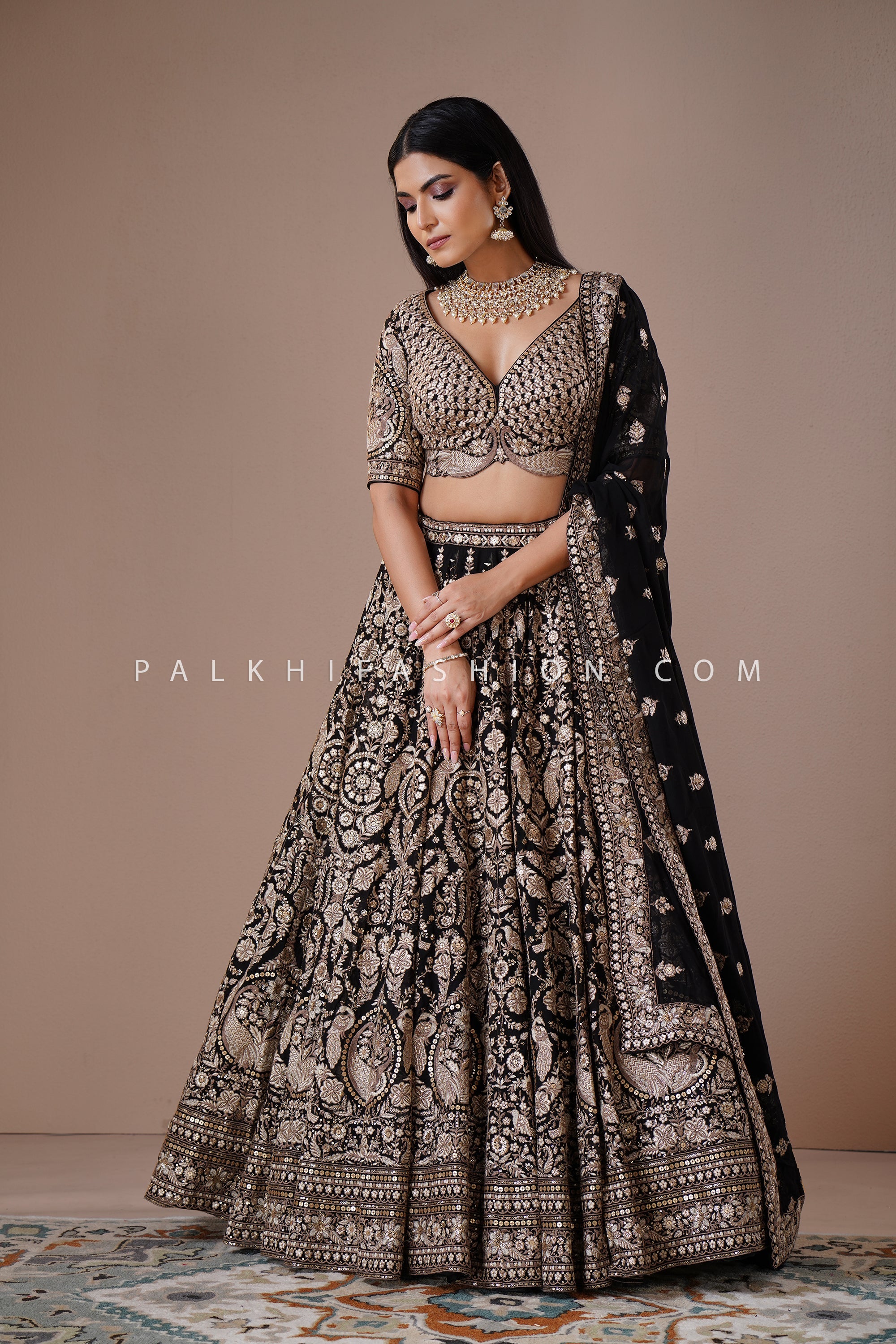 Midnight Royalty Black - Antique Gold Embroidered Designer Lehenga Set | Palkhi Fashion