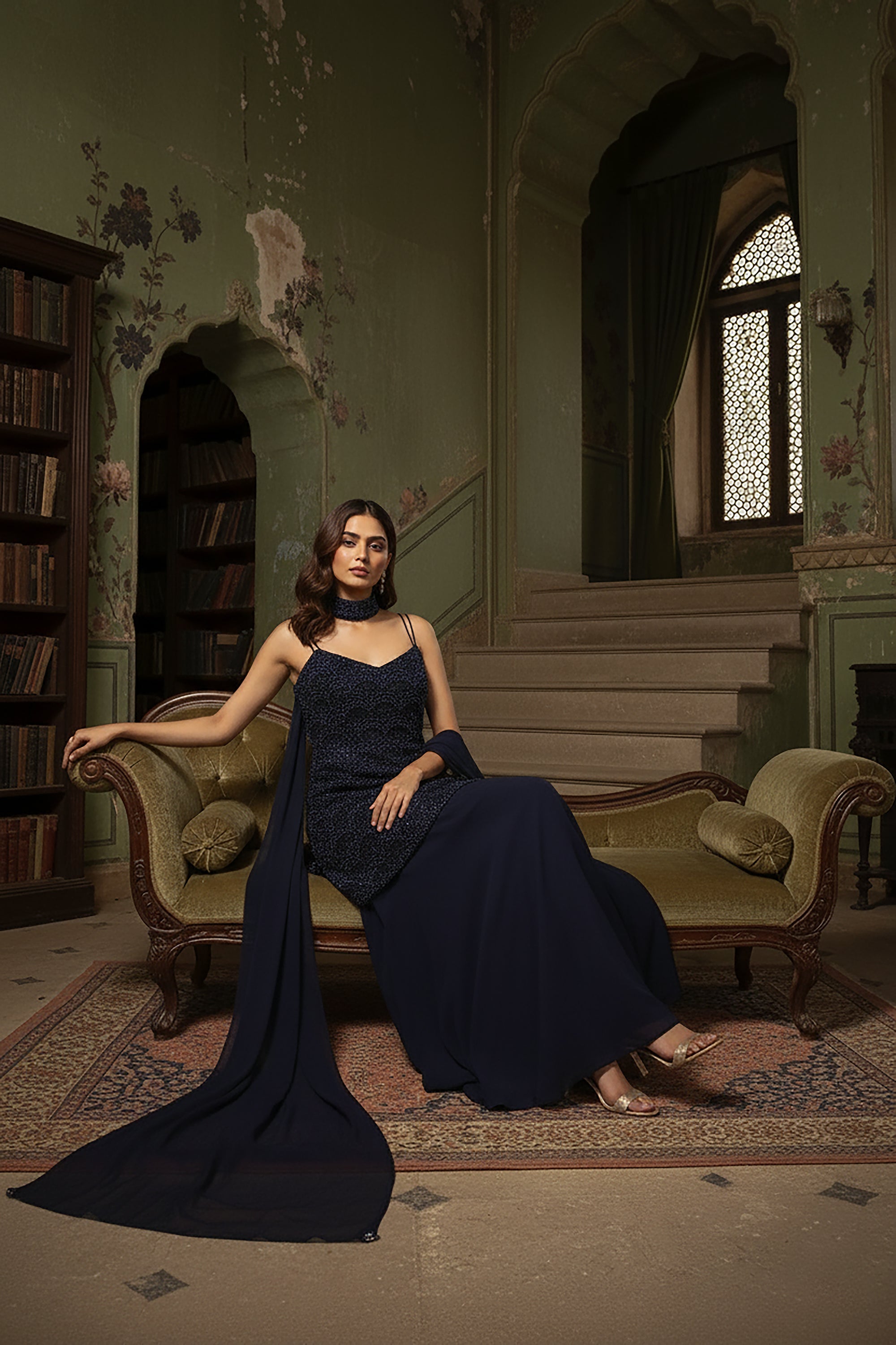 Midnight Sparkle: Dark Blue Handwork Palazzo Suit for Party Wear