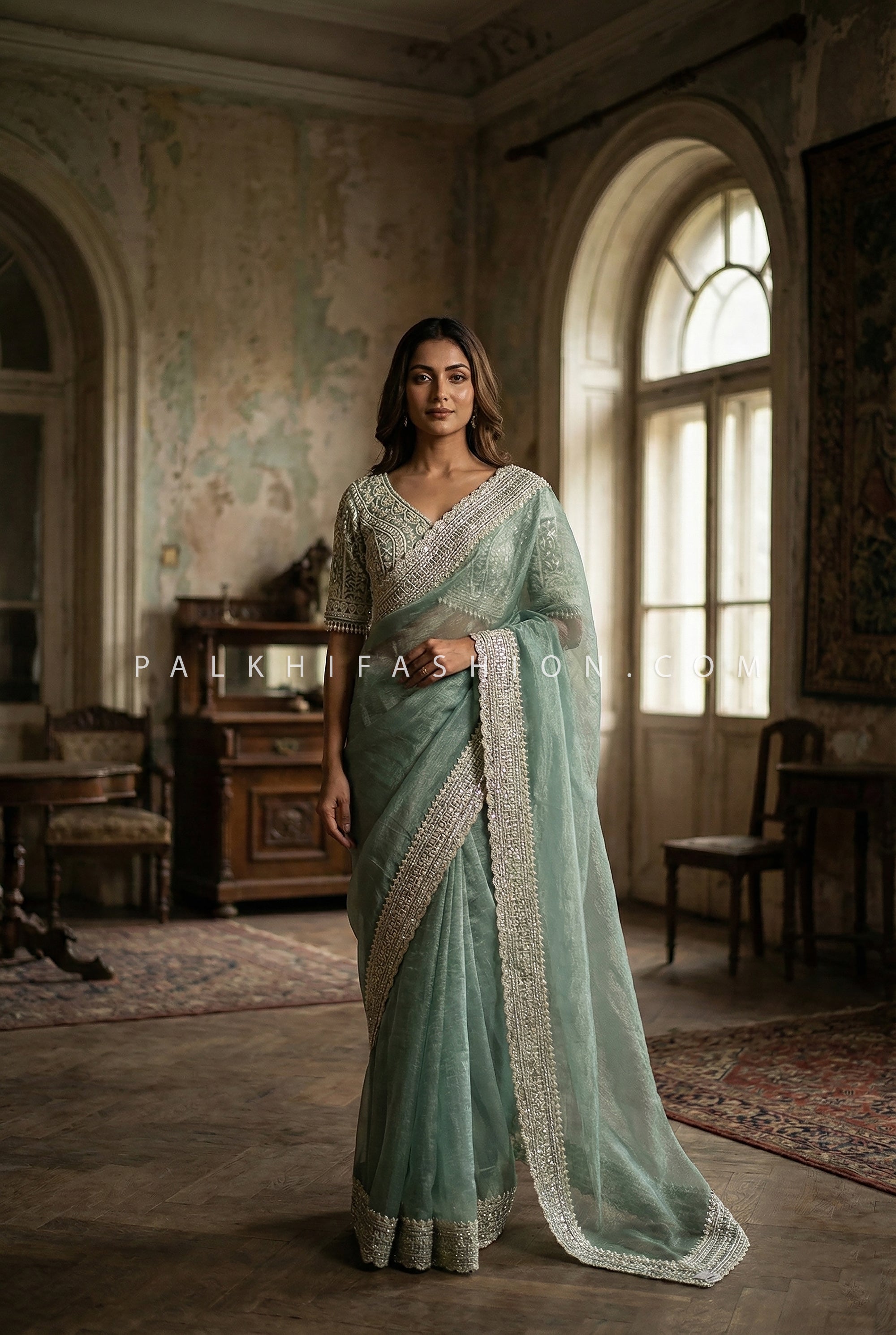 Mint Aura — Teal Organza Silk Saree with Embroidered Pearl Border & Designer Blouse | Palkhi Fashion
