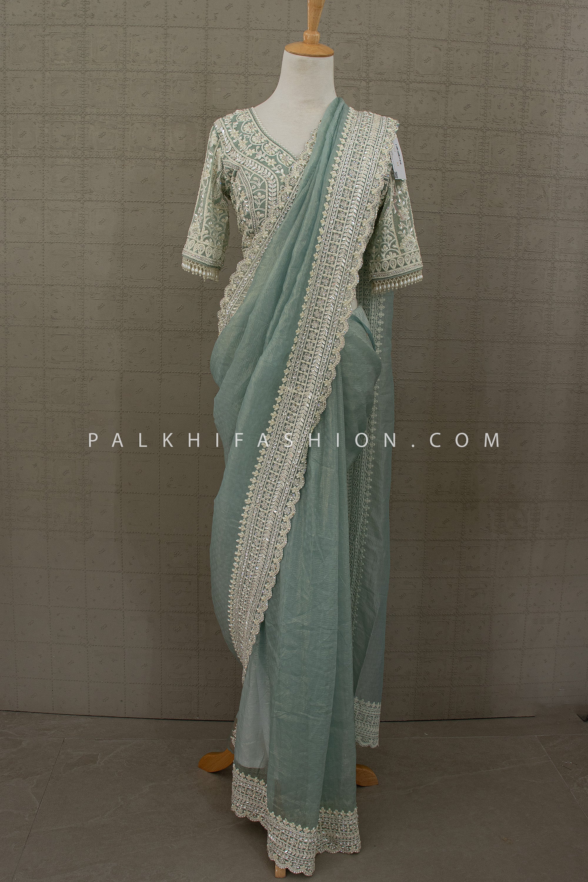 Mint Aura — Teal Organza Silk Saree with Embroidered Pearl Border & Designer Blouse | Palkhi Fashion