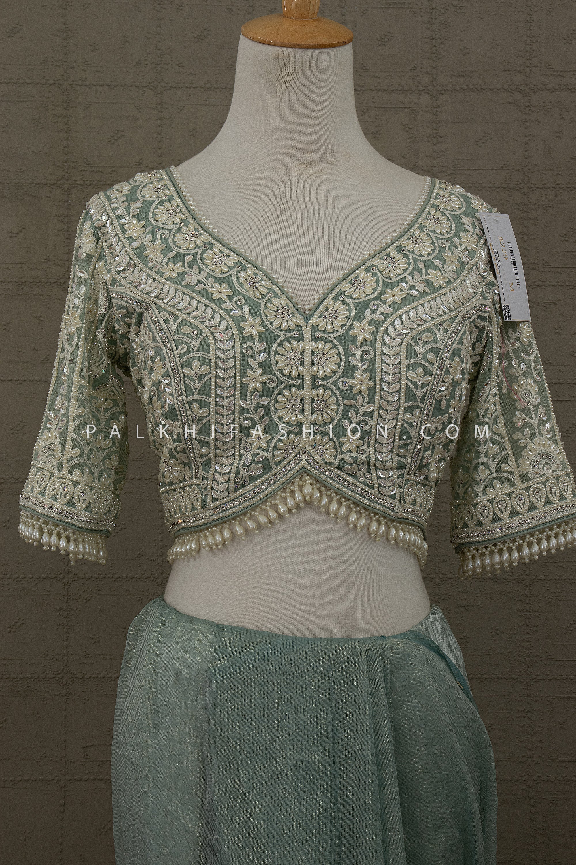 Mint Aura — Teal Organza Silk Saree with Embroidered Pearl Border & Designer Blouse | Palkhi Fashion