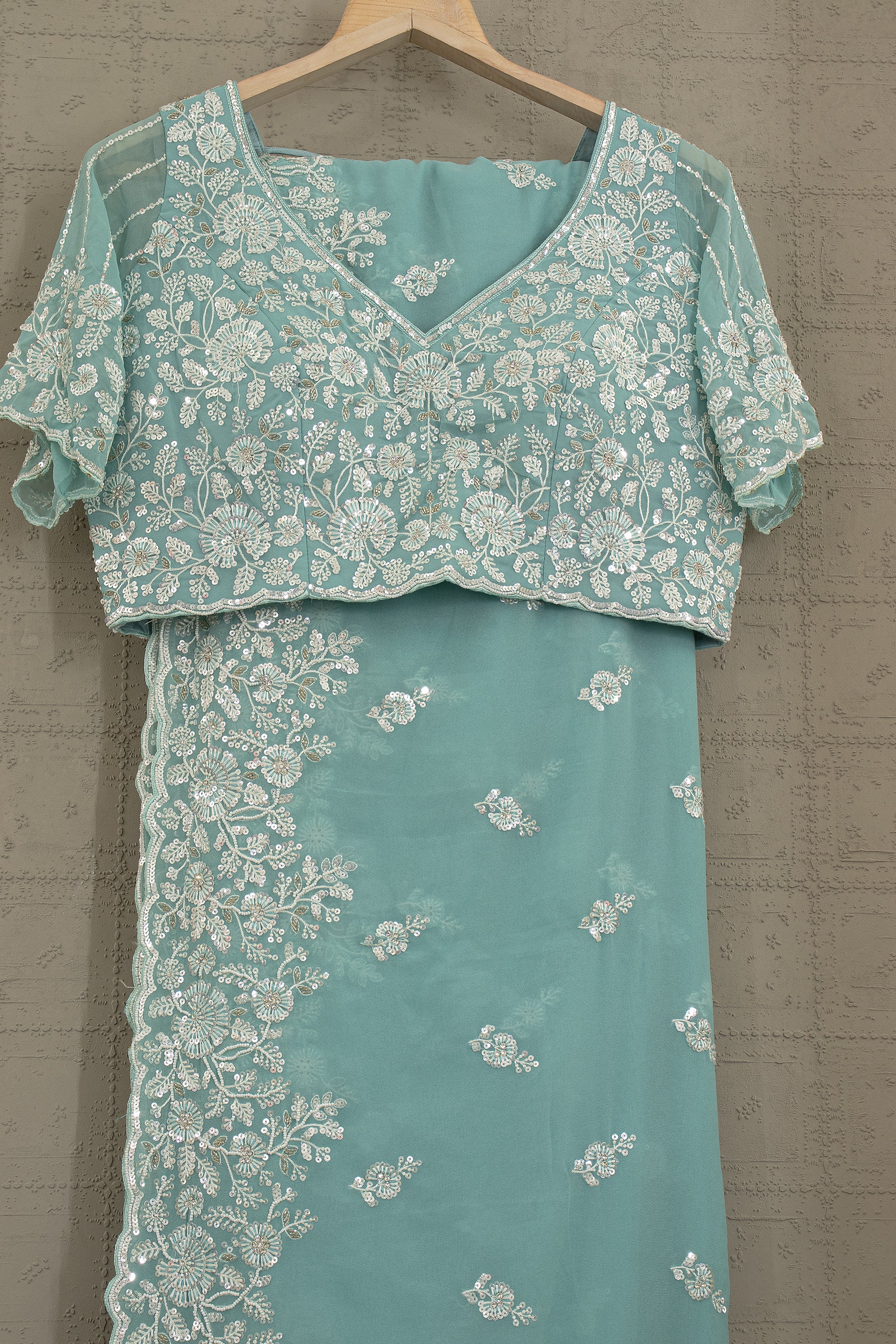 Mint Seafoam Embroidered Saree Set with Statement Blouse – Palkhi Fashion Houston