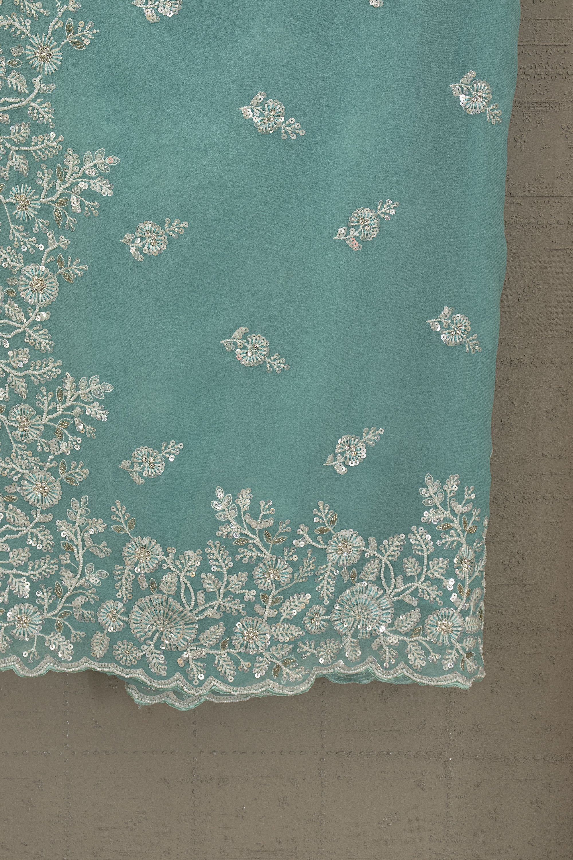 Mint Seafoam Embroidered Saree Set with Statement Blouse – Palkhi Fashion Houston